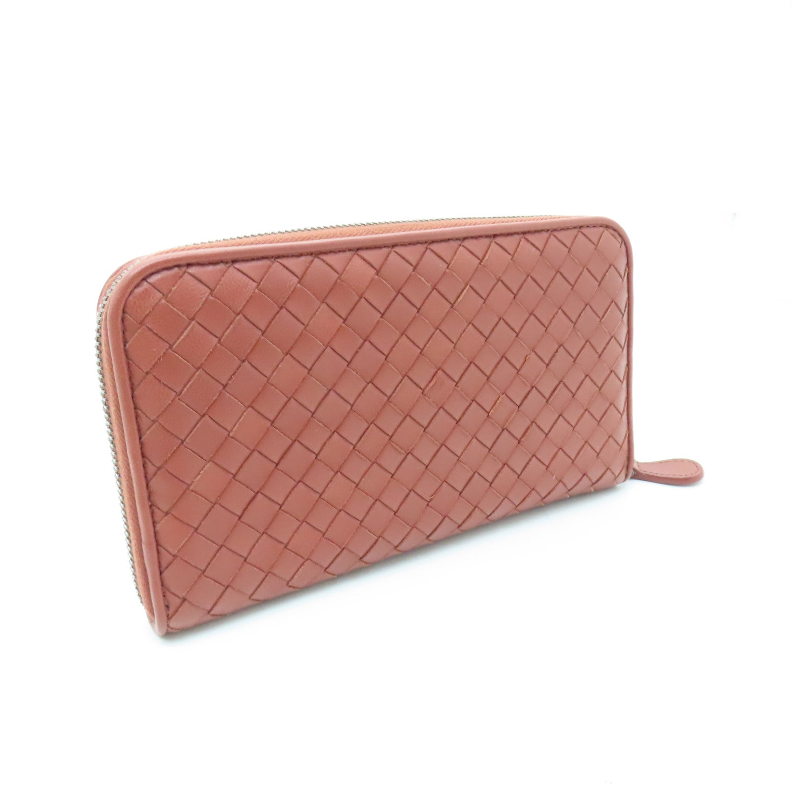 BOTTEGA VENETA Sheepskin Leather Zipper Long Wallet Silver Buckle Long Wallet Red