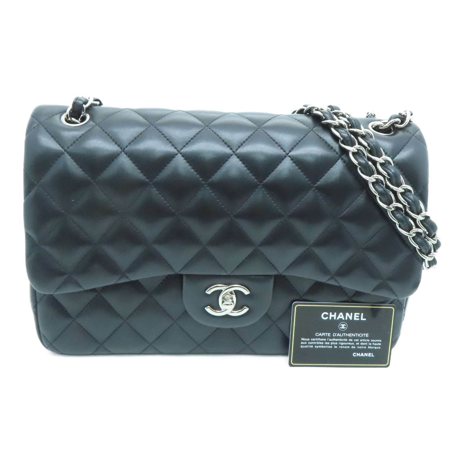 CHANEL 菱格羊皮皮革Classic銀扣肩背袋黑色