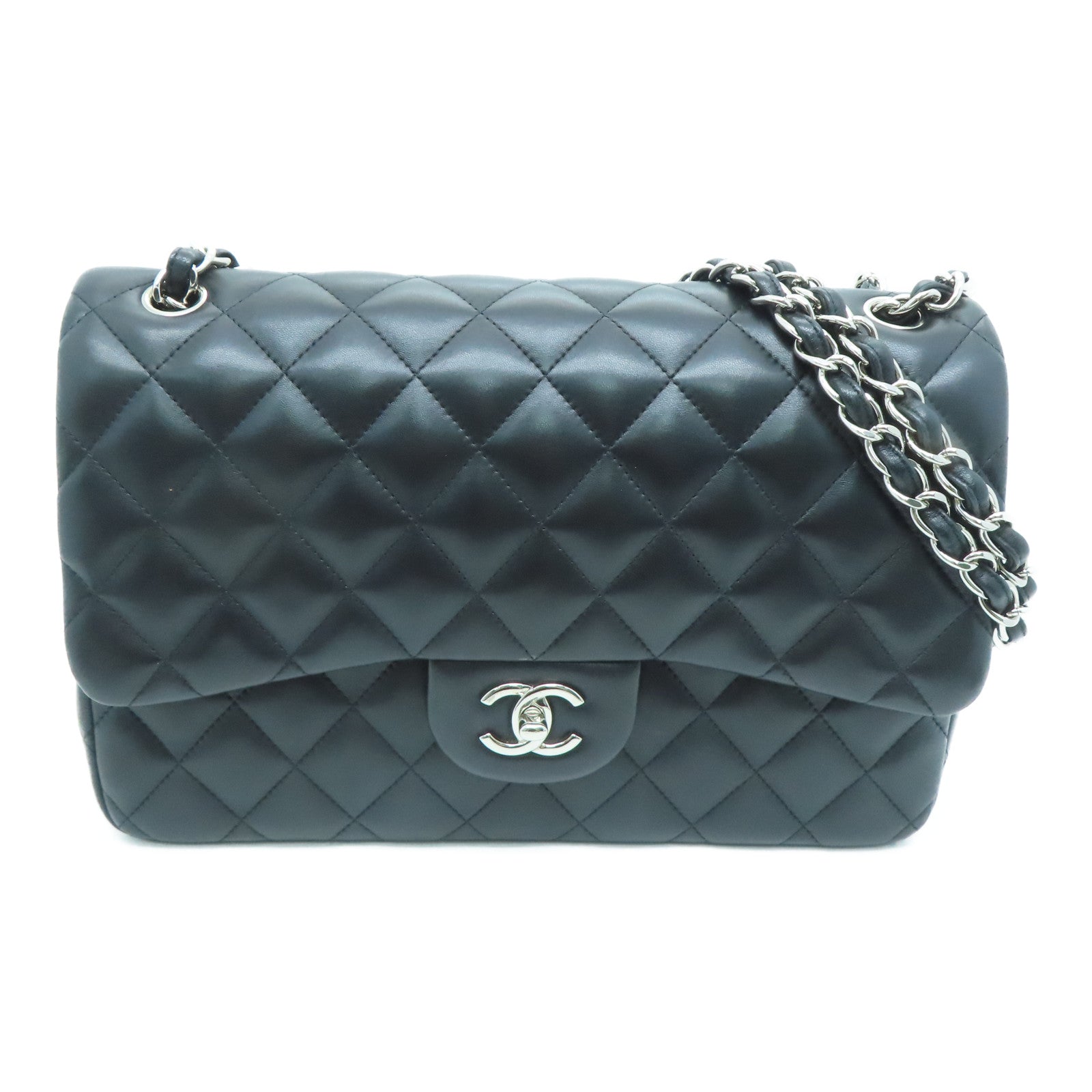 CHANEL 菱格羊皮皮革Classic銀扣肩背袋黑色