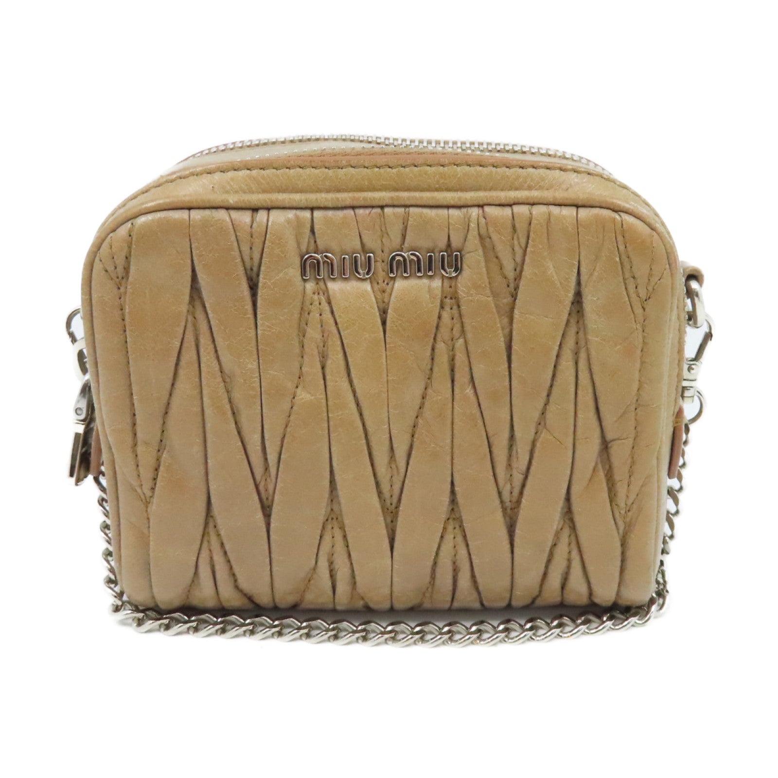 Miu Miu 牛皮皮革Chain Shoulder bag银扣链带肩背袋米色