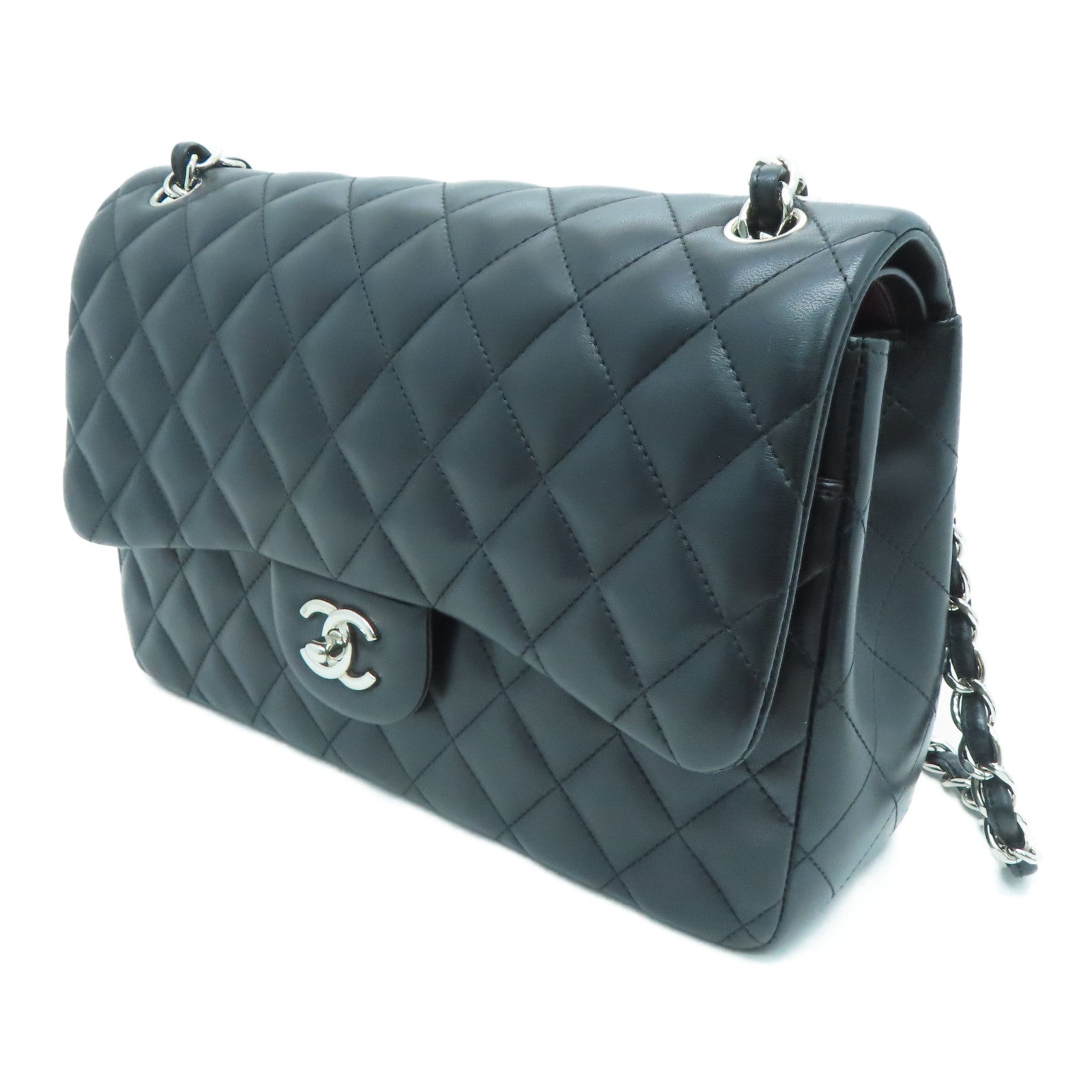 CHANEL 菱格羊皮皮革Classic銀扣肩背袋黑色