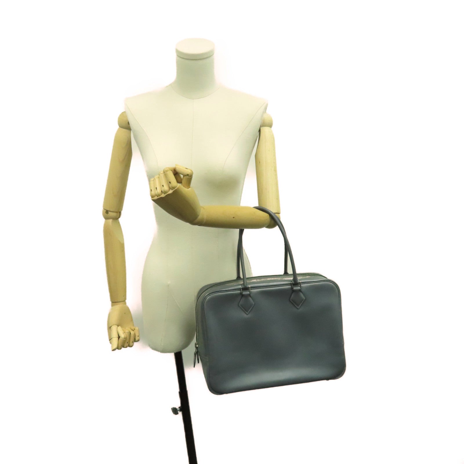 HERMES Box Calf皮革Plume 32Hand Bag银扣手挽袋Graphite灰色
