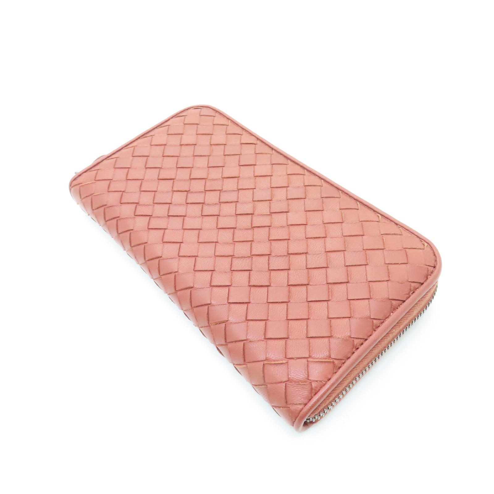 BOTTEGA VENETA Sheepskin Leather Zipper Long Wallet Silver Buckle Long Wallet Red