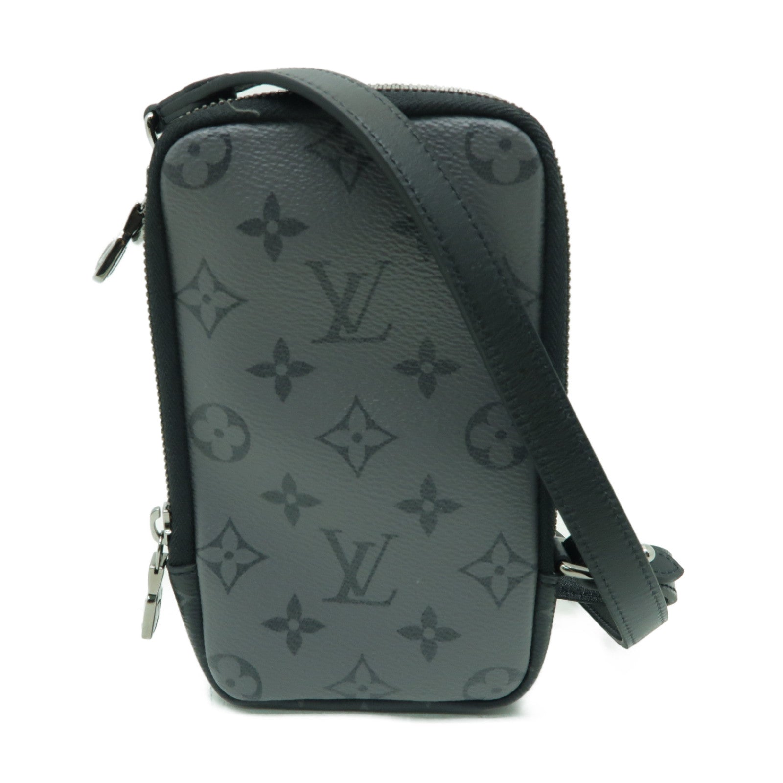 LOUIS VUITTON Monogram Eclipse Reverse Double Phone Pouch銀扣肩背袋黑色/灰色