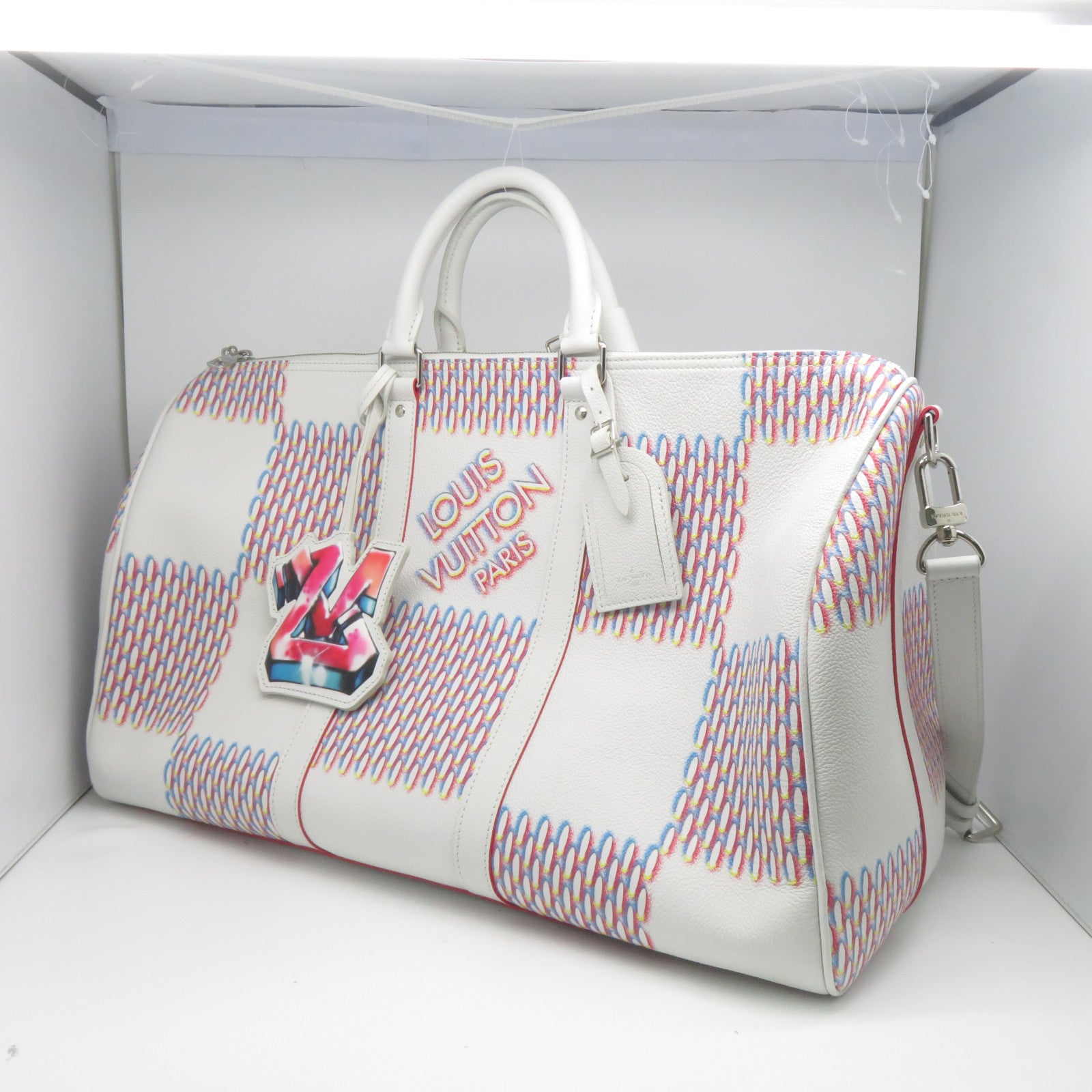 LOUIS VUITTON 【激減優惠】Damier Spray Keepall 50 Bandoulie銀扣手挽肩背兩用袋白色