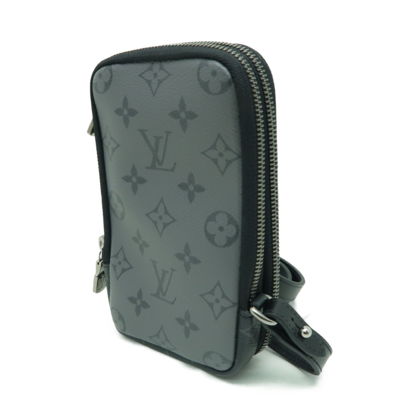 LOUIS VUITTON Monogram Eclipse Reverse Double Phone Pouch銀扣肩背袋黑色/灰色