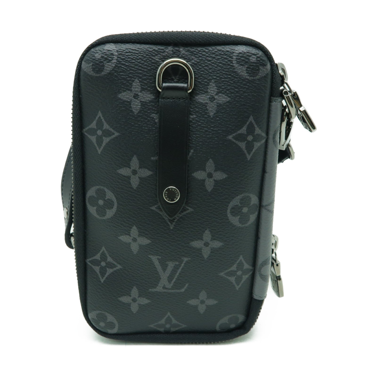 LOUIS VUITTON Monogram Eclipse Reverse Double Phone Pouch銀扣肩背袋黑色/灰色
