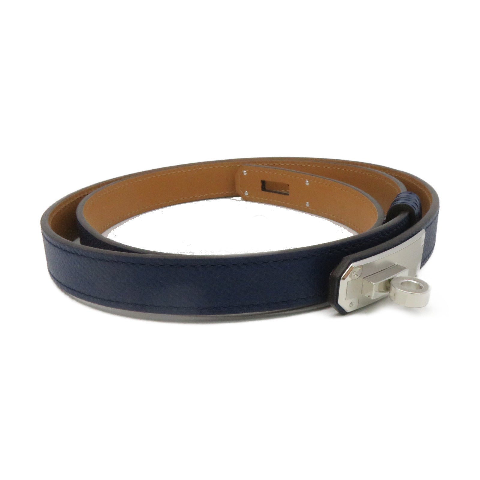 HERMES Epsom皮革Kelly 18 Belt银扣皮带Blue Navy深蓝色