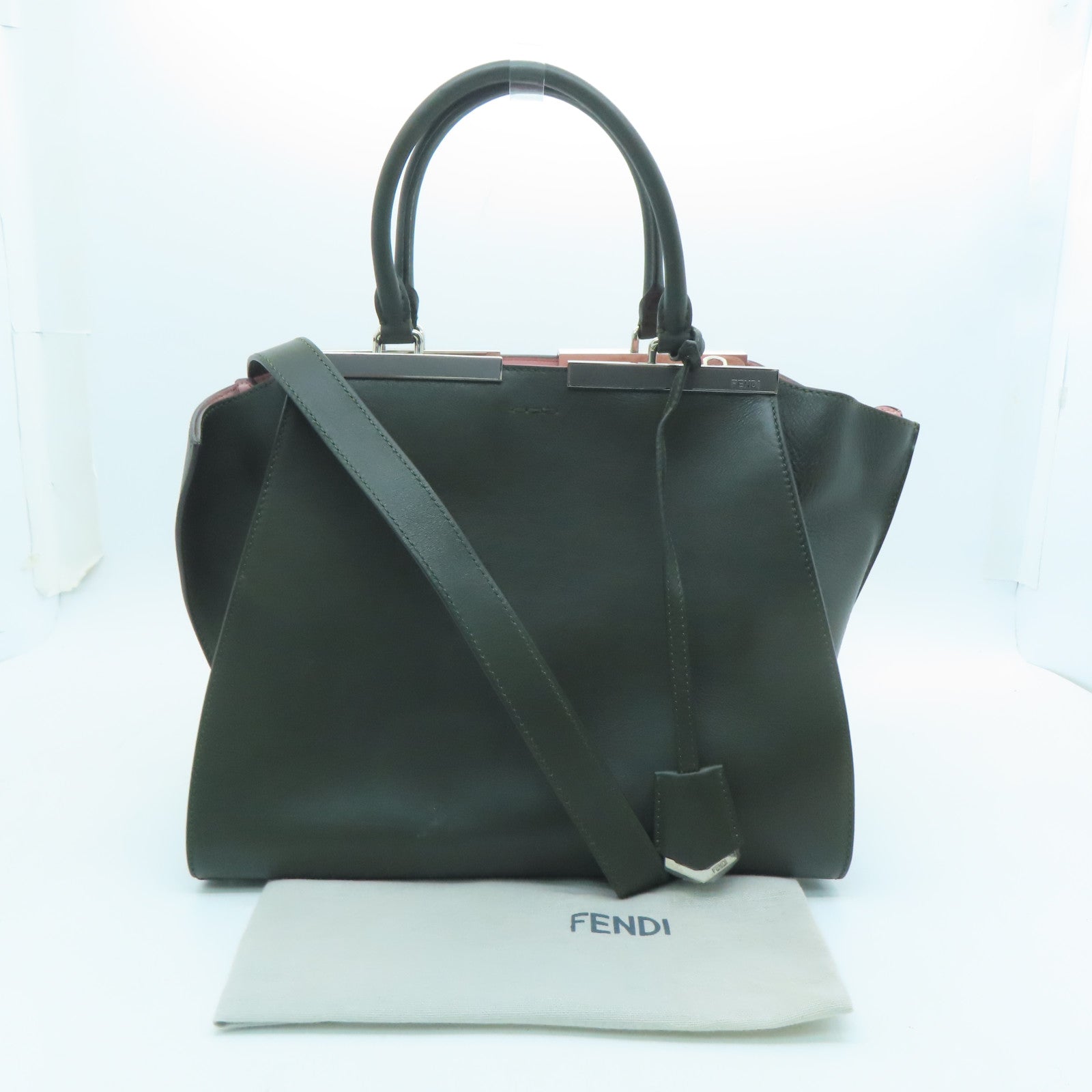 FENDI Leather 3 Jours Silver Buckle Shoulder Bag Dark Green