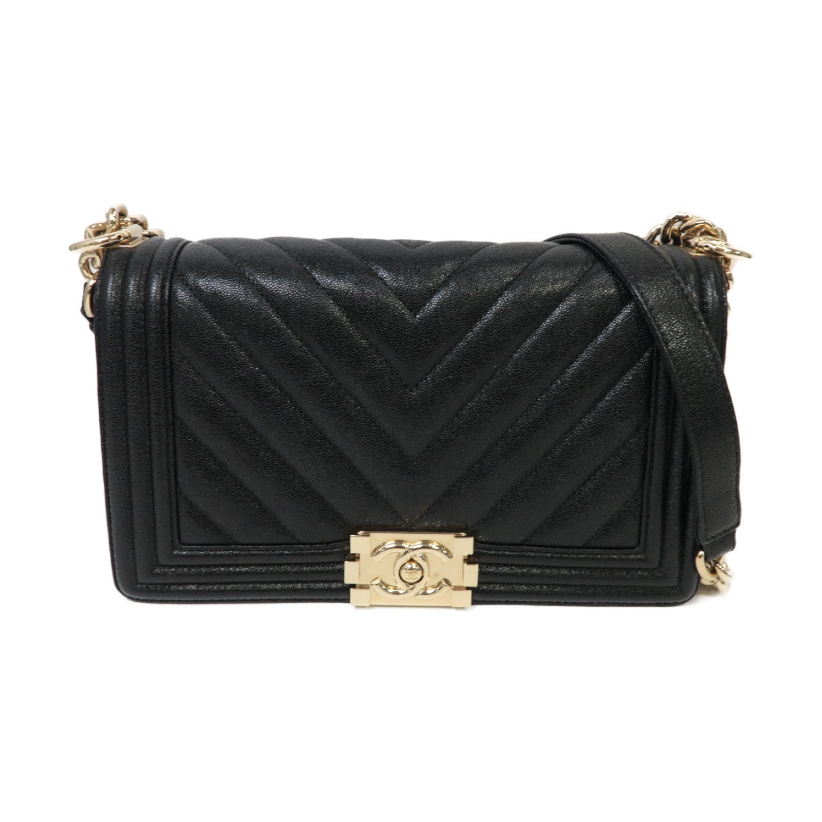 CHANEL 牛皮皮革Boy Chanel金扣鏈帶肩背袋黑色