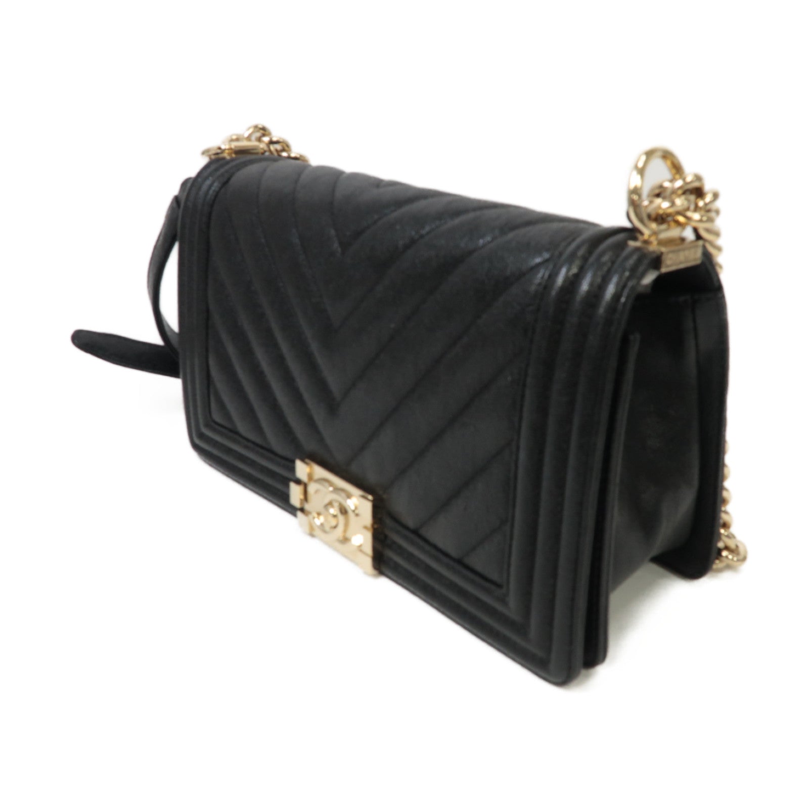 CHANEL 牛皮皮革Boy Chanel金扣鏈帶肩背袋黑色