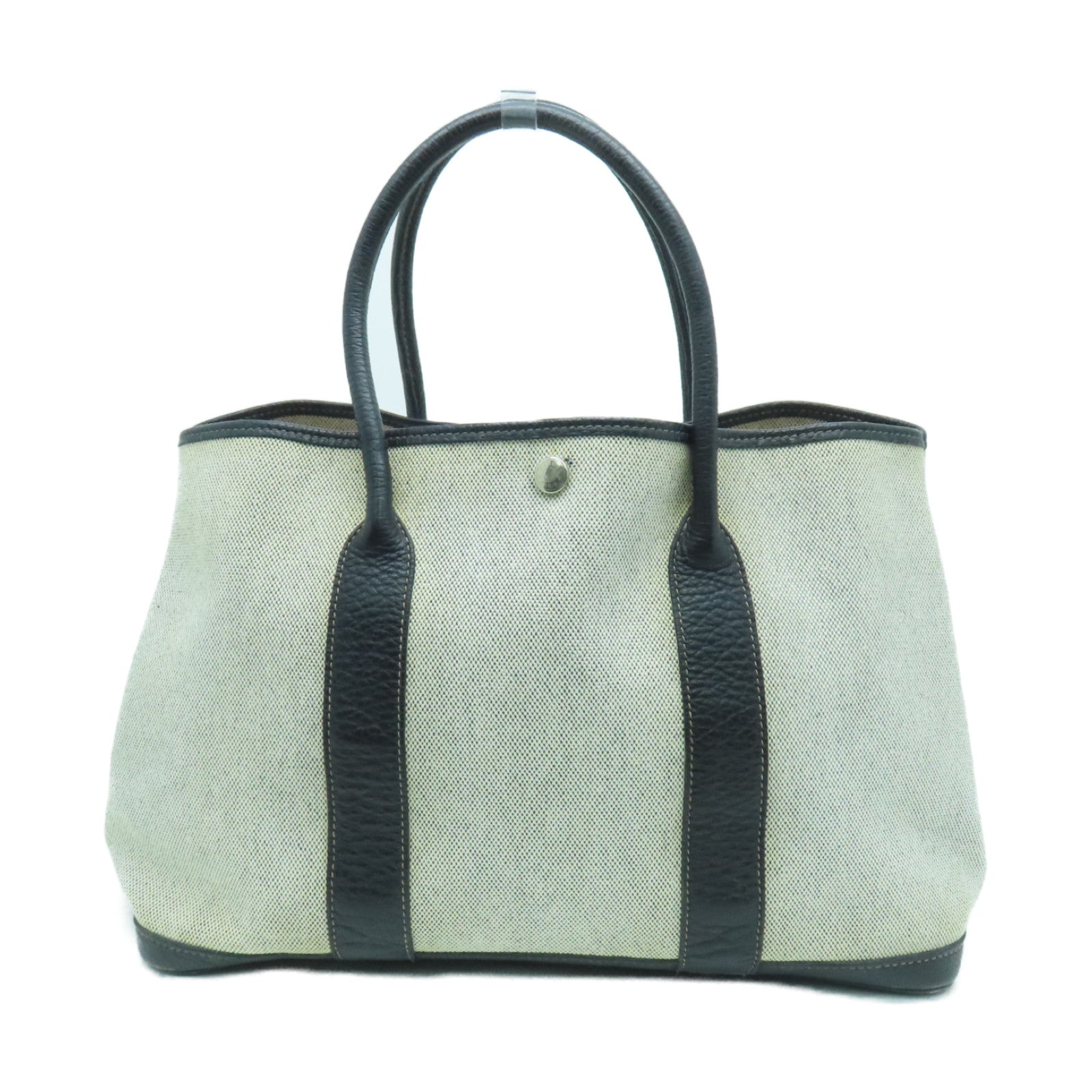 HERMES Canvas Garden Party PM Silver Button Handle Bag White/Black