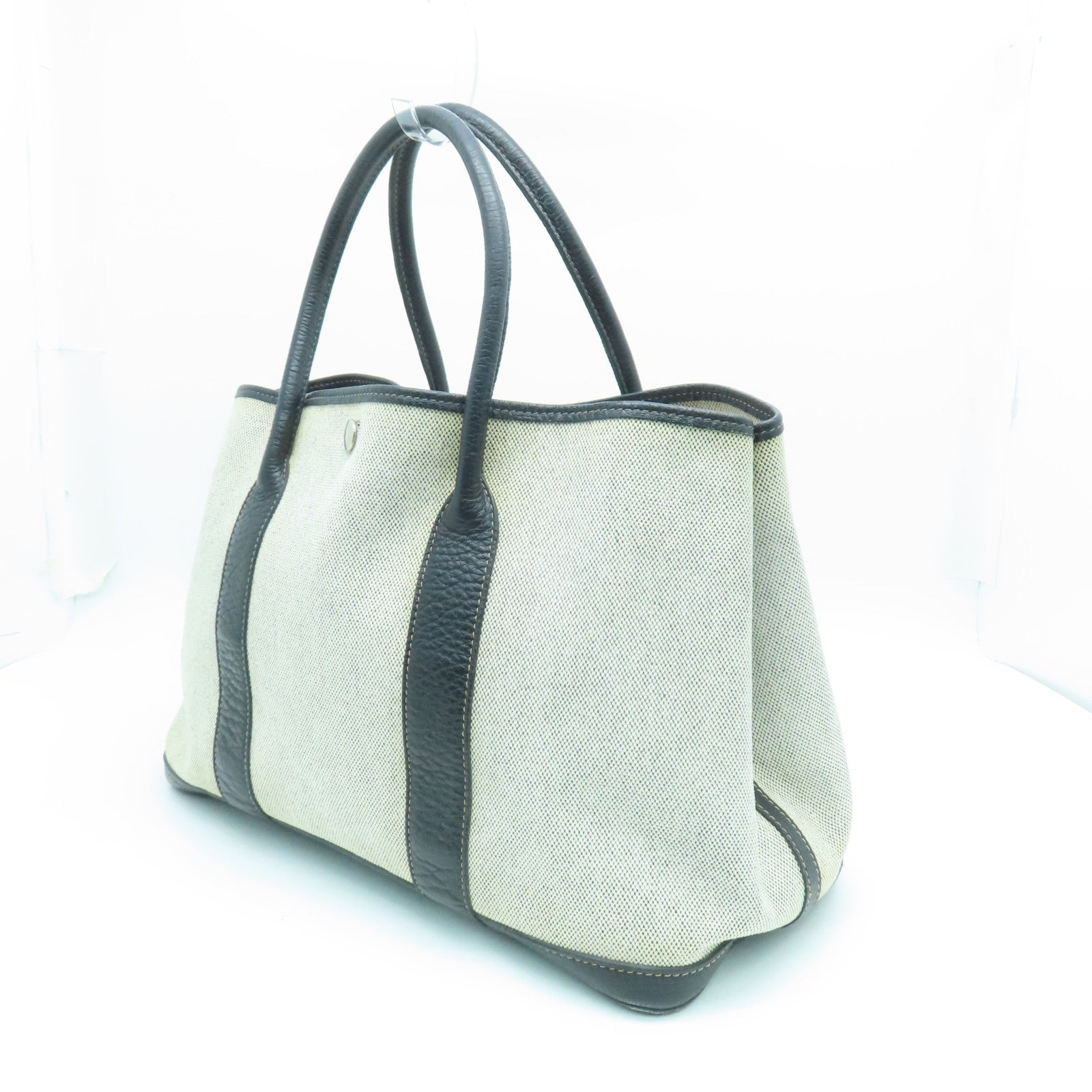 HERMES Canvas Garden Party PM Silver Button Handle Bag White/Black