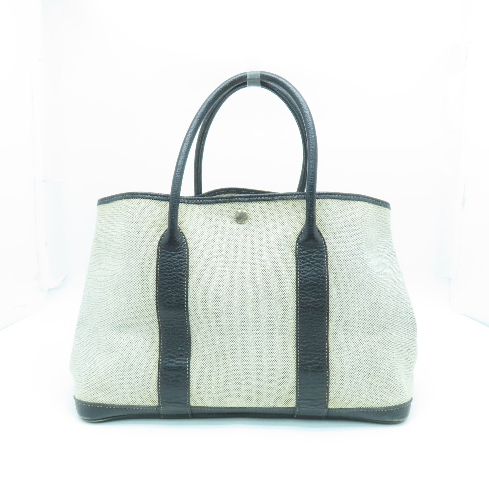 HERMES Canvas Garden Party PM Silver Button Handle Bag White/Black