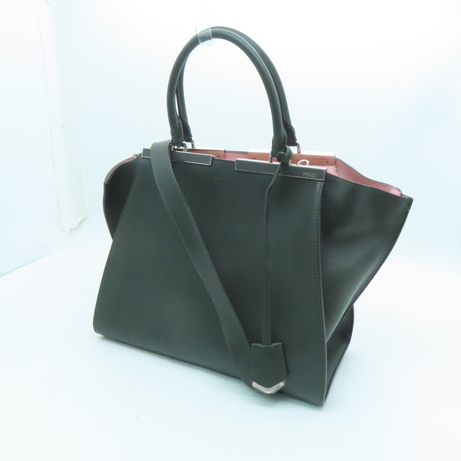FENDI Leather 3 Jours Silver Buckle Shoulder Bag Dark Green