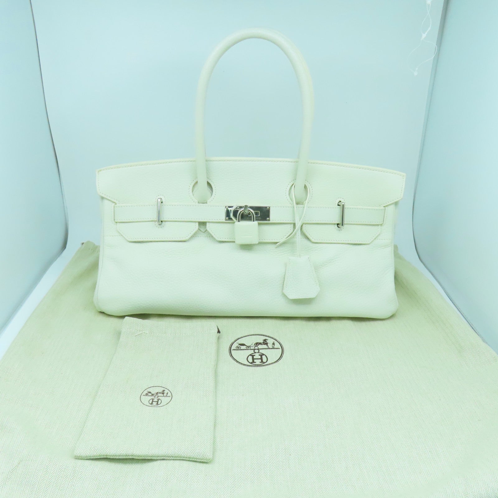 HERMES Clemence皮革Shoulder Birkin銀扣手挽袋白色