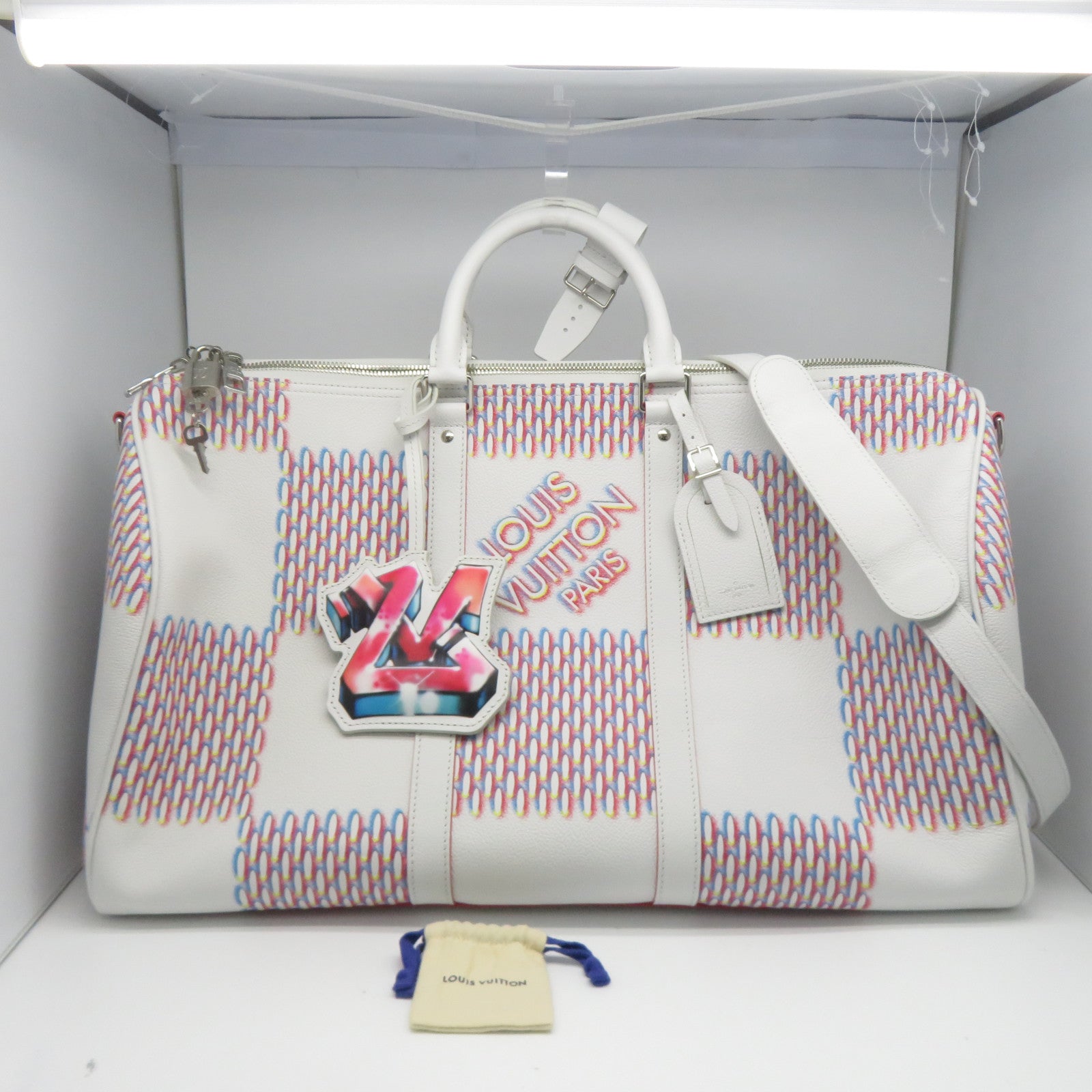LOUIS VUITTON 【激減優惠】Damier Spray Keepall 50 Bandoulie銀扣手挽肩背兩用袋白色