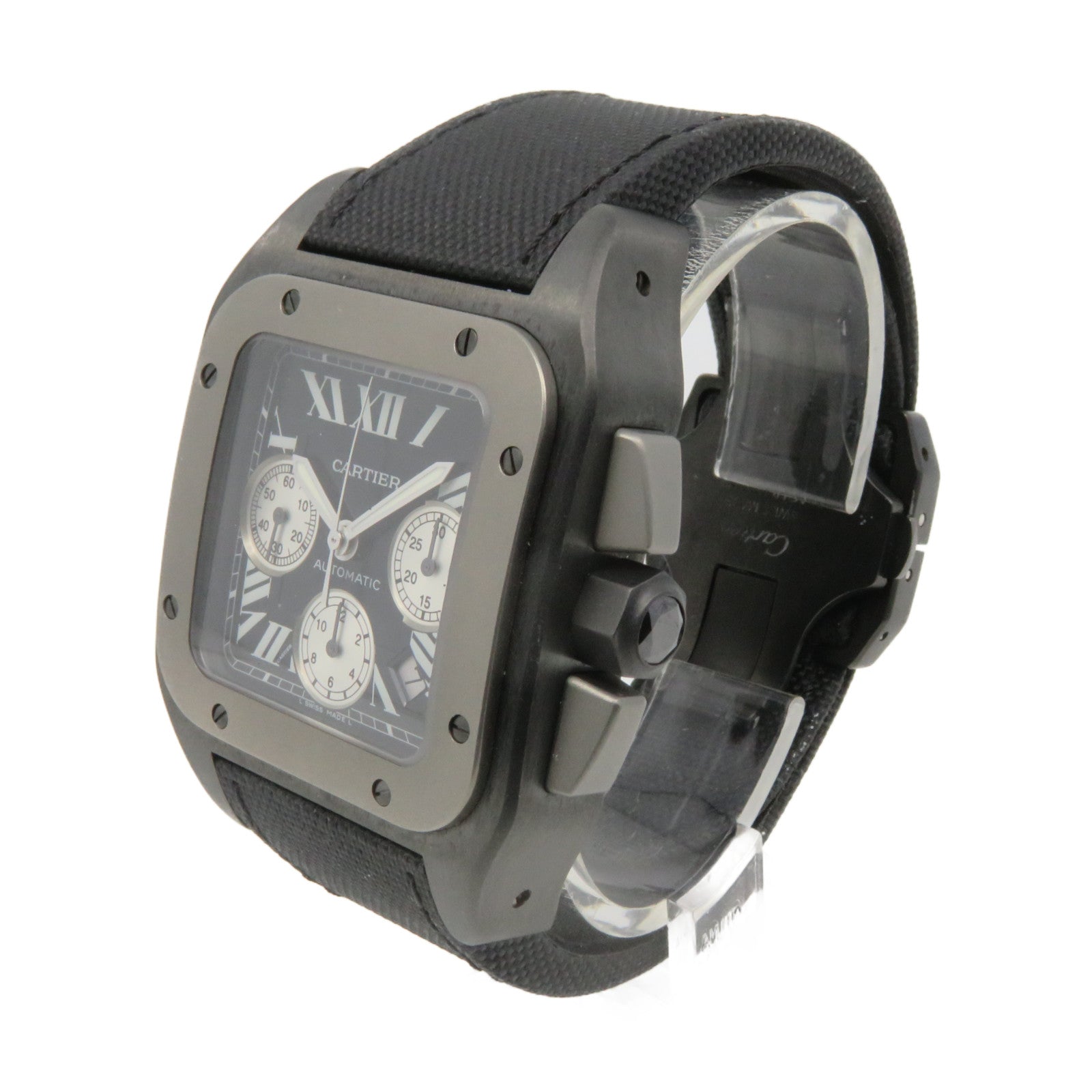 CARTIER Santos 100 Watch鈦金屬/帆布帶自動機芯手錶黑色