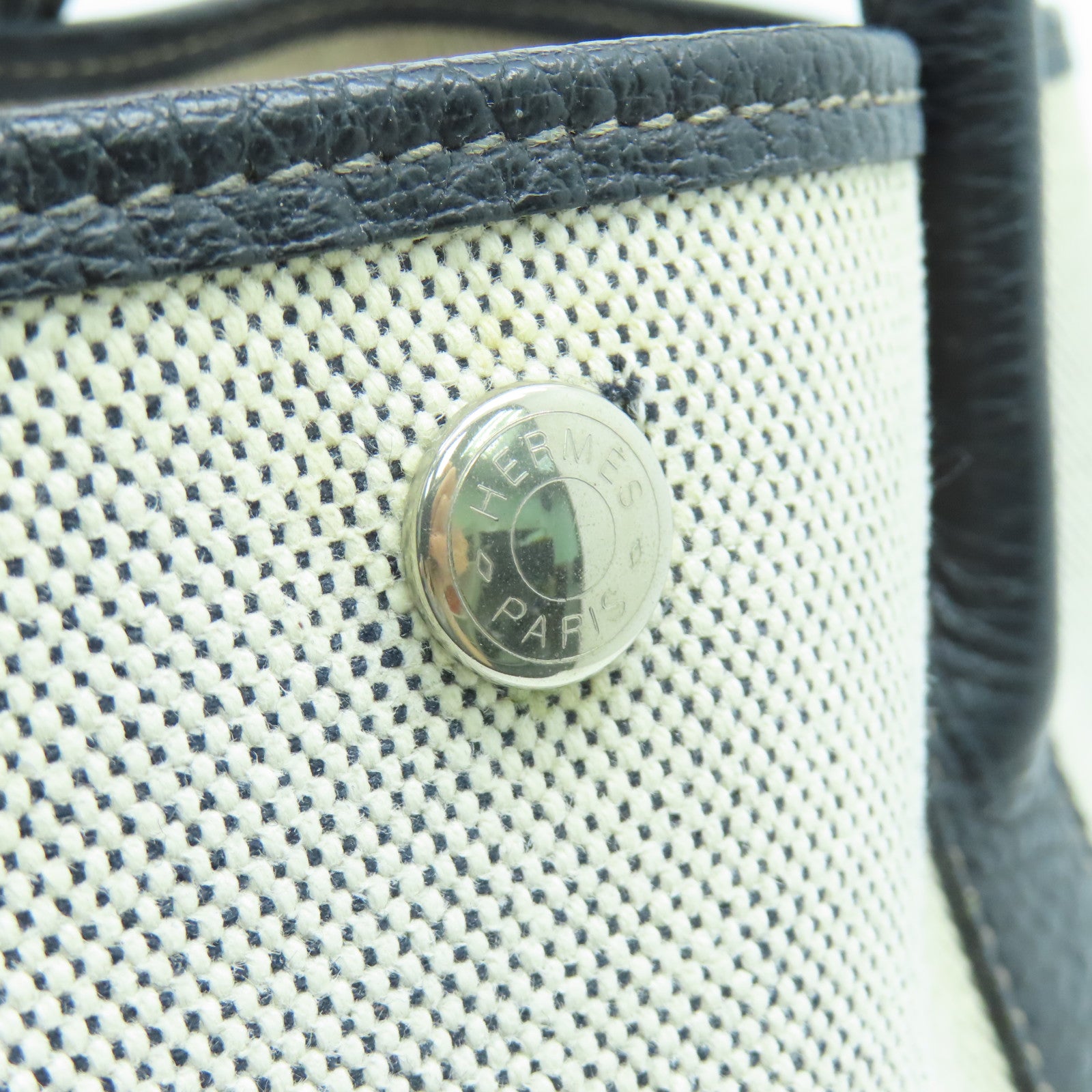 HERMES Canvas Garden Party PM Silver Button Handle Bag White/Black