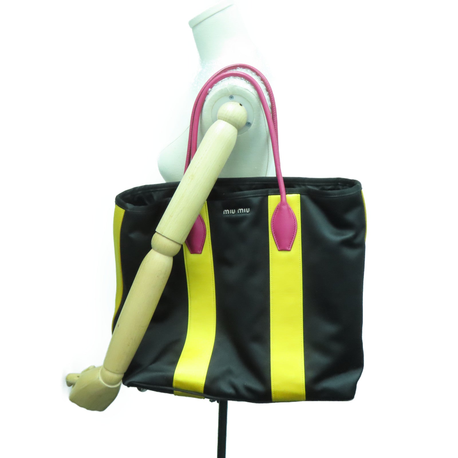 Miu Miu 棉布/牛皮皮革Tote Bag银扣手挽袋黑色/黄色/粉红色