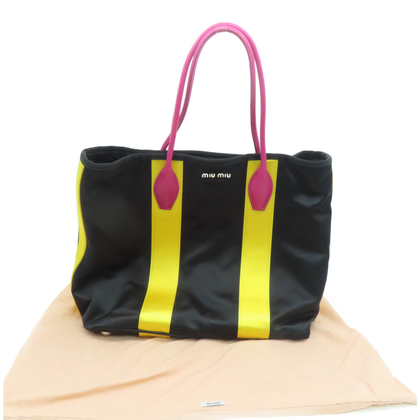 Miu Miu 棉布/牛皮皮革Tote Bag银扣手挽袋黑色/黄色/粉红色
