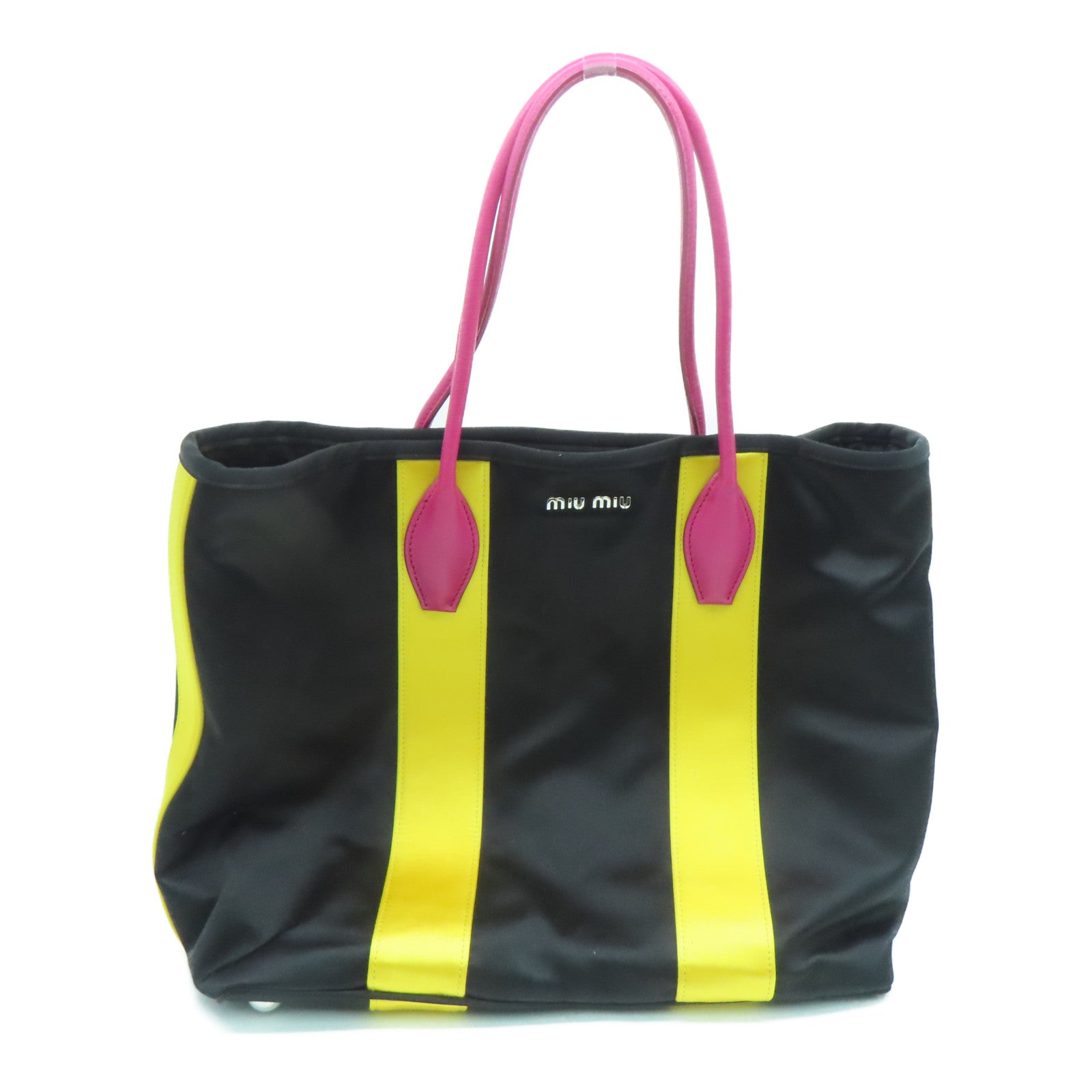 Miu Miu 棉布/牛皮皮革Tote Bag银扣手挽袋黑色/黄色/粉红色