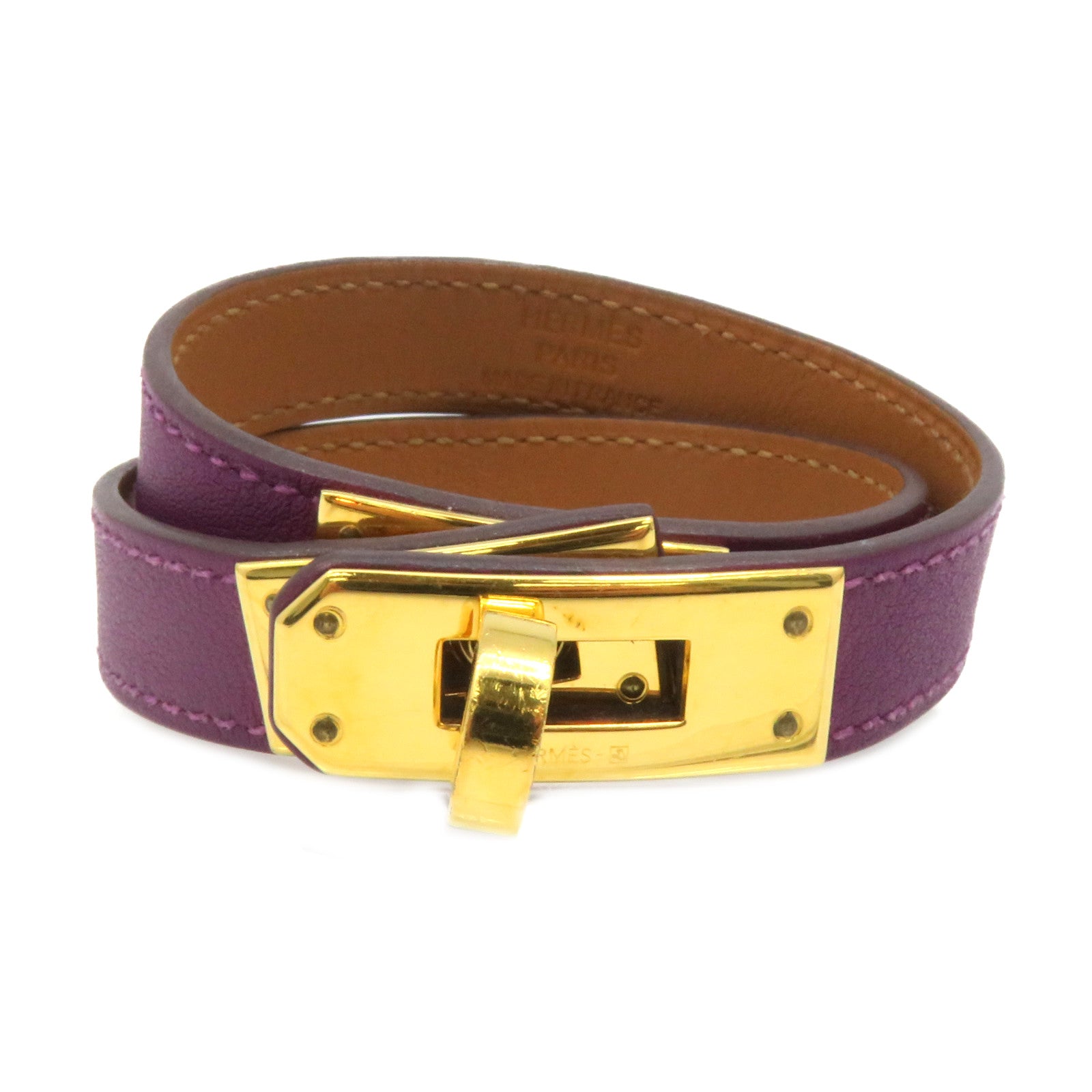 HERMES Box皮革Kelly Double Tour bracelet金扣手鏈Anemone紫色