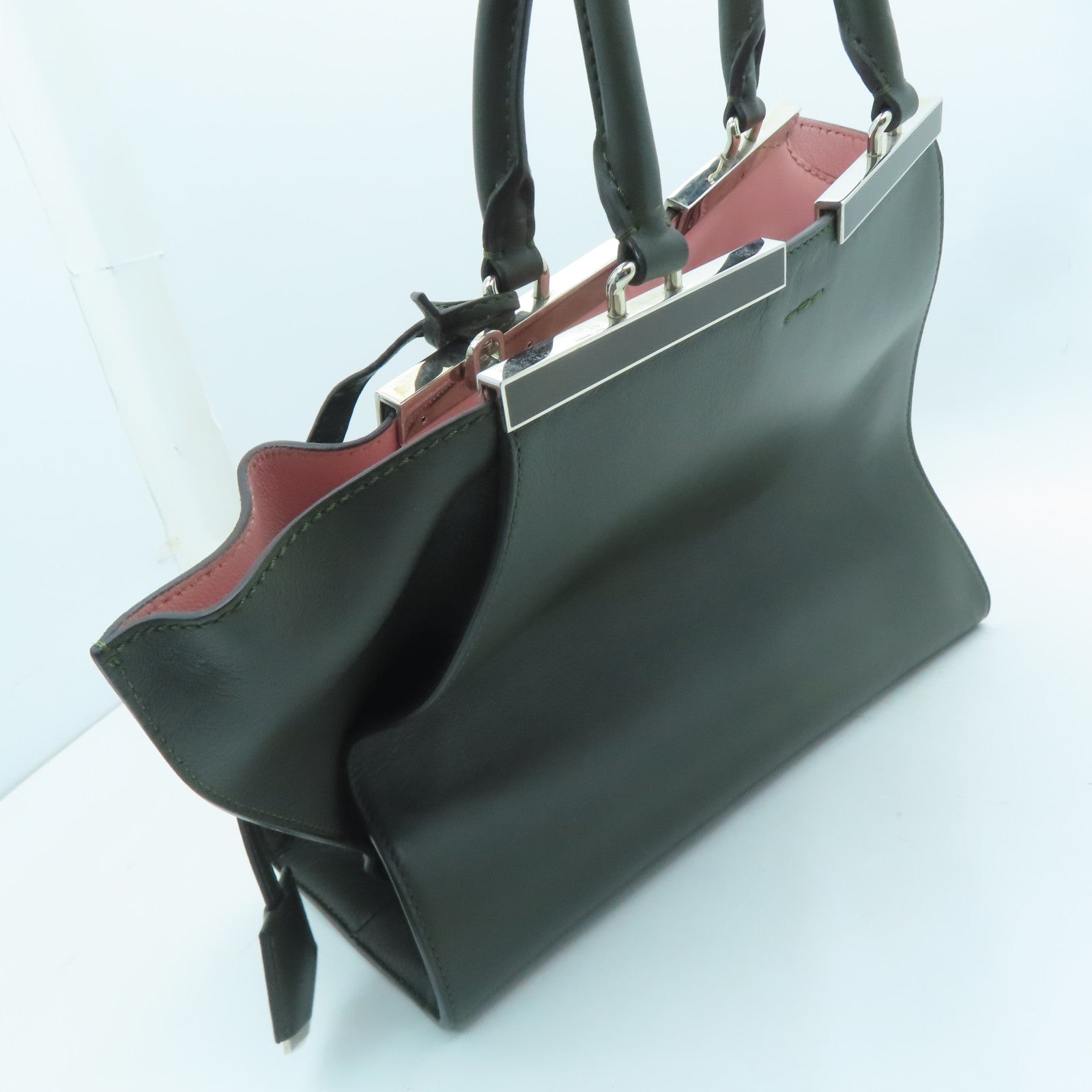 FENDI Leather 3 Jours Silver Buckle Shoulder Bag Dark Green