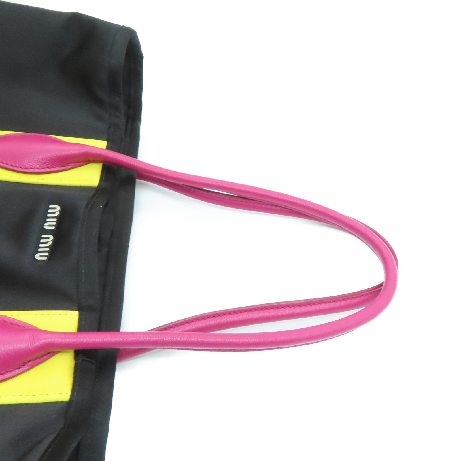 Miu Miu 棉布/牛皮皮革Tote Bag银扣手挽袋黑色/黄色/粉红色