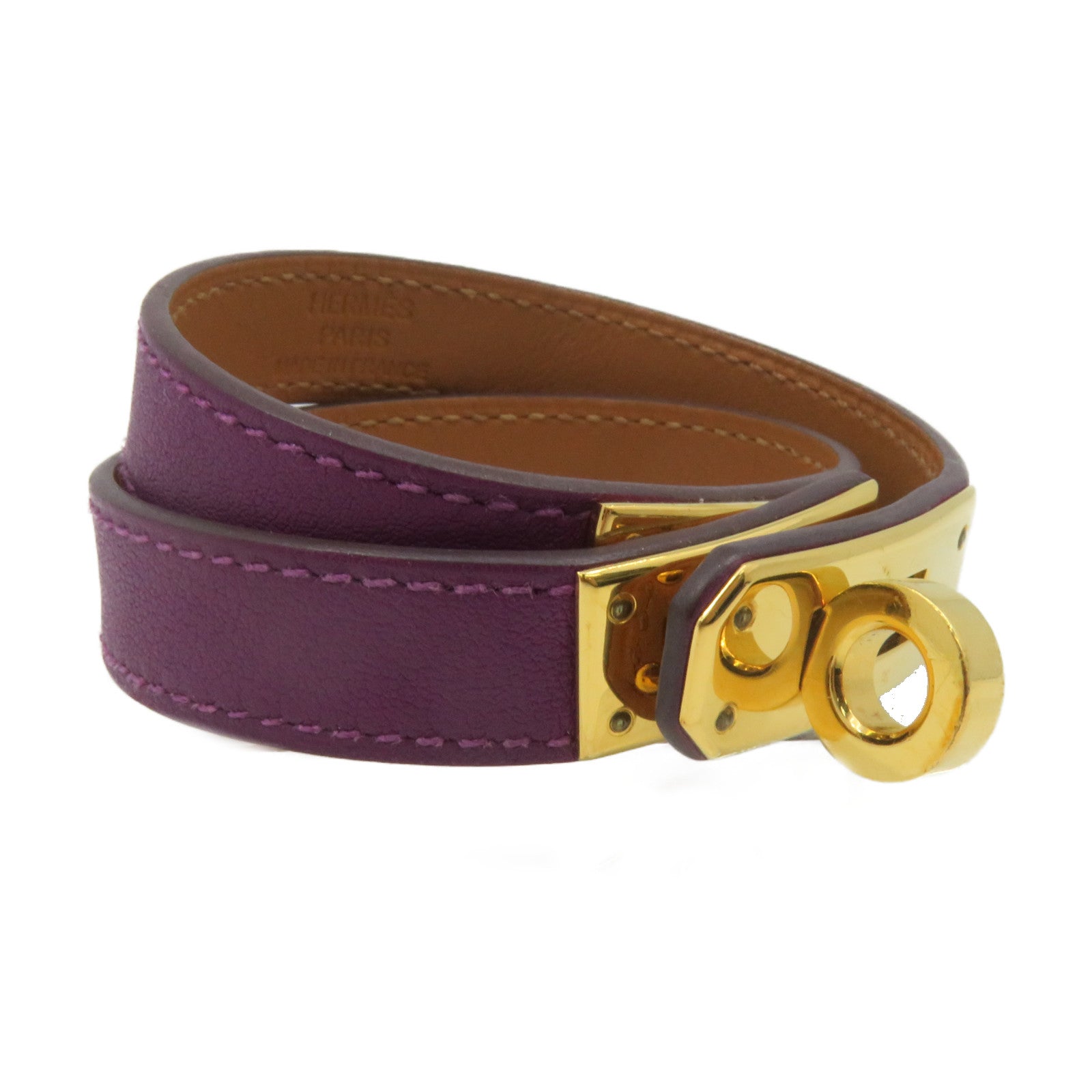 HERMES Box皮革Kelly Double Tour bracelet金扣手鏈Anemone紫色