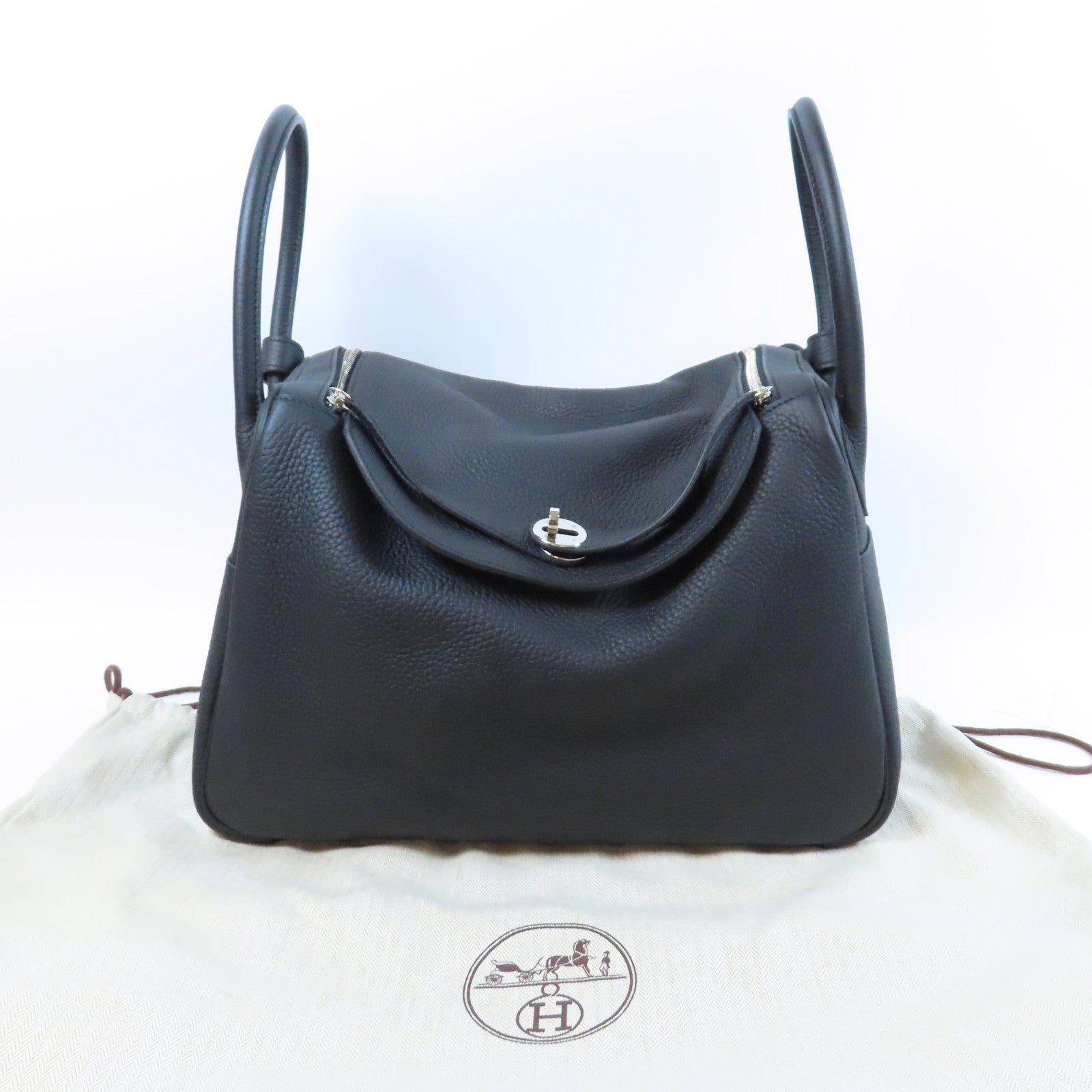 HERMES Clemence皮革Lindy 34銀扣手挽肩背兩用袋Noir黑色