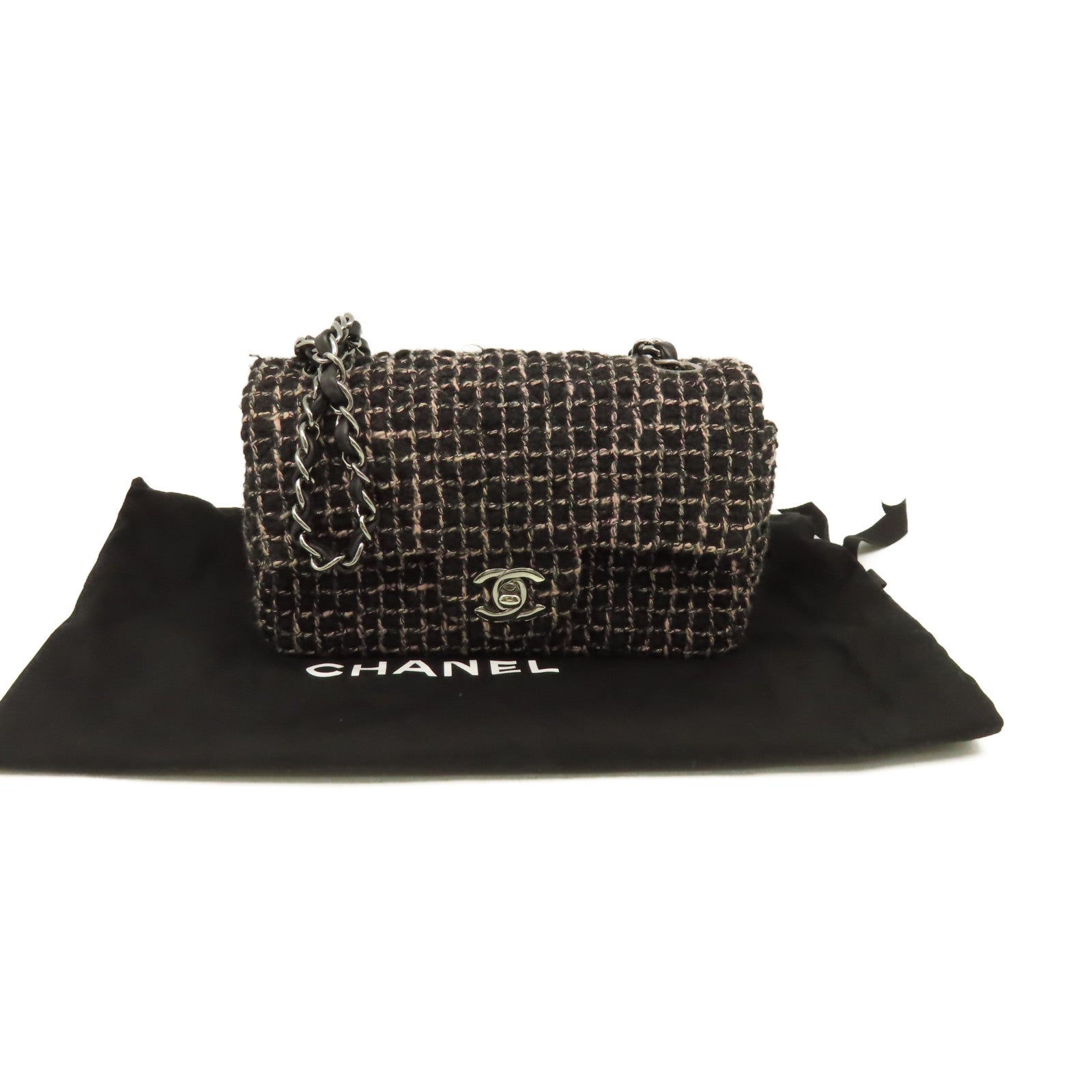 CHANEL 菱格斜紋軟呢Mini Flap Chain Shoulder Bag銀扣鏈帶肩背袋黑色/粉紅色