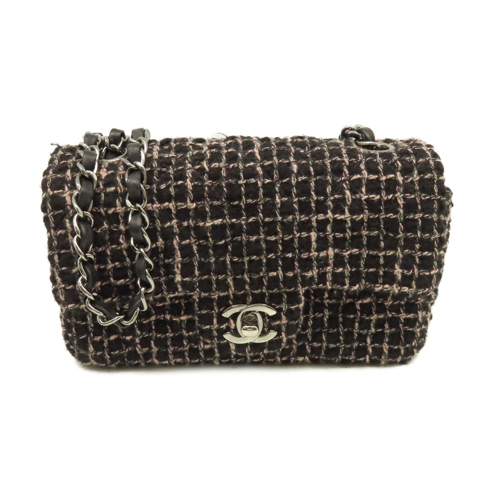 CHANEL 菱格斜紋軟呢Mini Flap Chain Shoulder Bag銀扣鏈帶肩背袋黑色/粉紅色