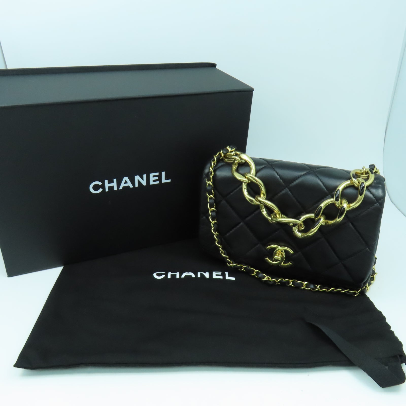 CHANEL 菱格羊皮皮革Chain Shoulder金扣鏈帶手挽肩背兩用袋黑色