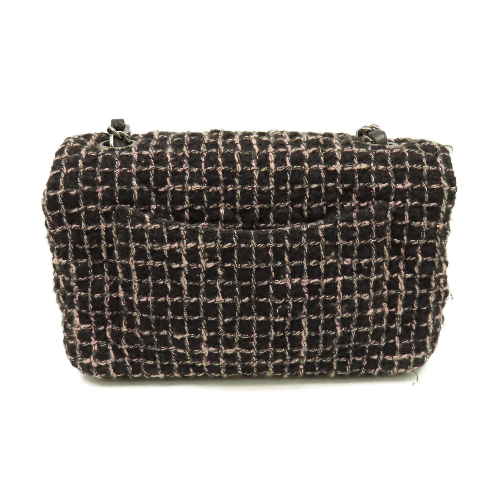 CHANEL 菱格斜紋軟呢Mini Flap Chain Shoulder Bag銀扣鏈帶肩背袋黑色/粉紅色