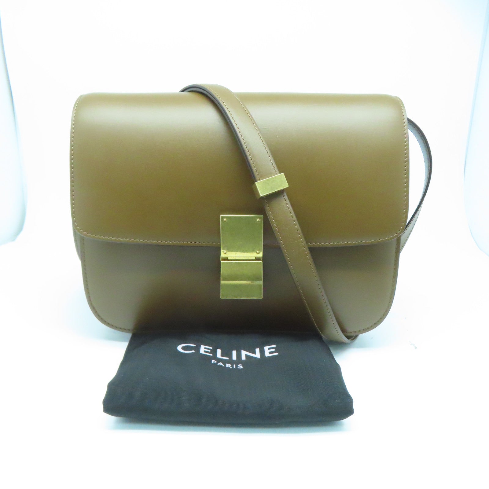 CELINE 牛皮皮革Classic Box金扣肩背袋啡色