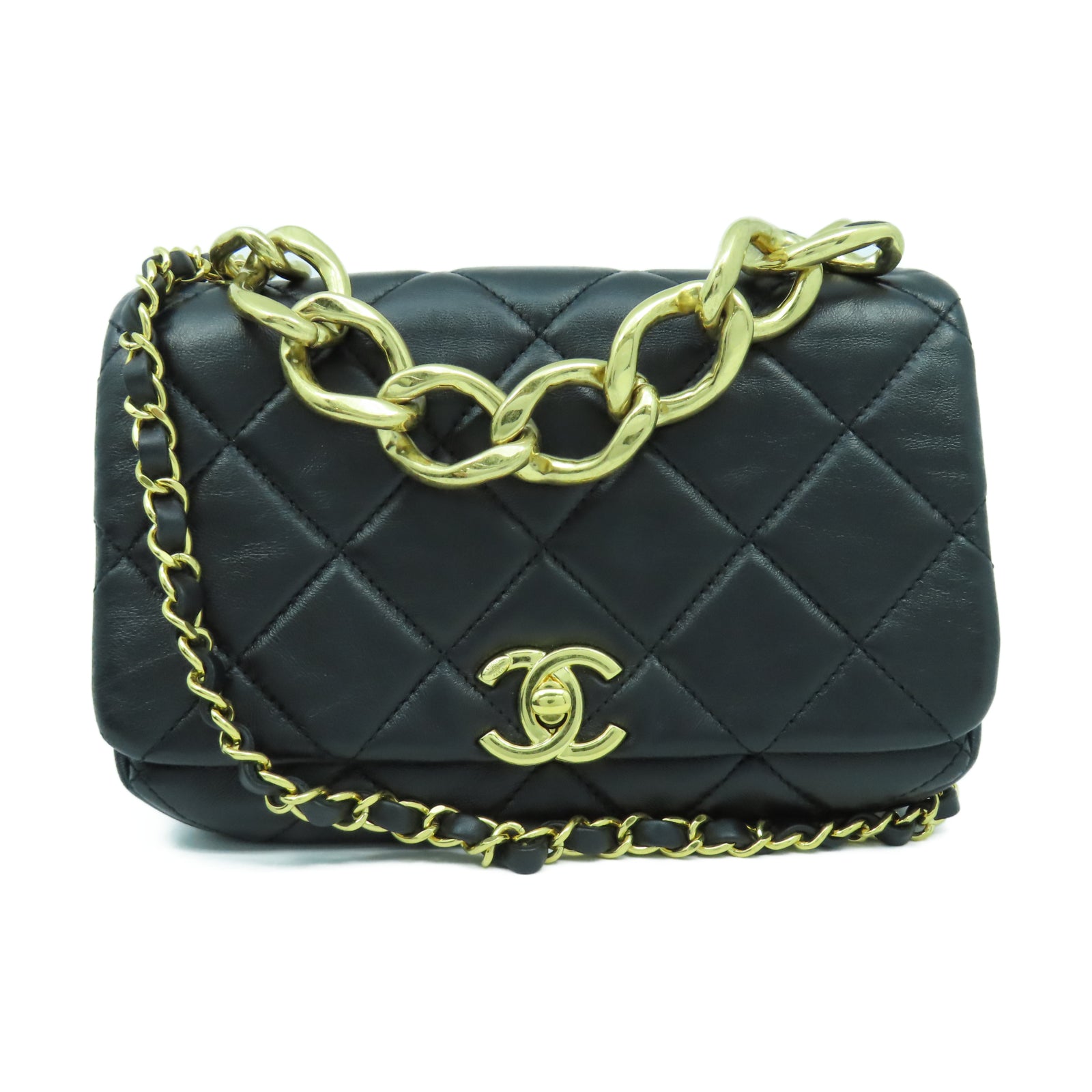 CHANEL 菱格羊皮皮革Chain Shoulder金扣鏈帶手挽肩背兩用袋黑色