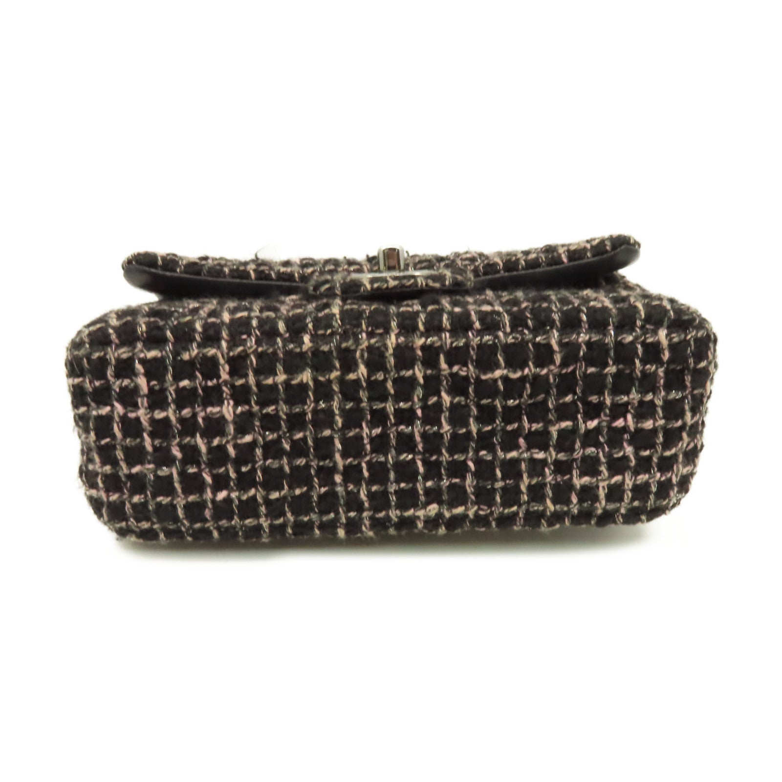 CHANEL 菱格斜紋軟呢Mini Flap Chain Shoulder Bag銀扣鏈帶肩背袋黑色/粉紅色