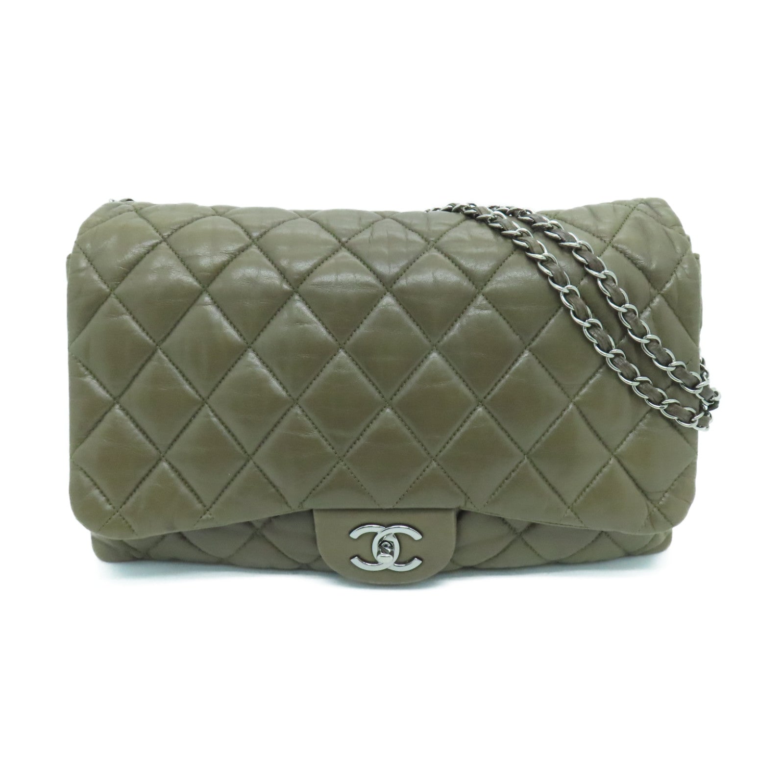 CHANEL Rhombus Sheepskin Leather Chain Shoulder Bag Silver Buckle Chain Belt Shoulder Bag Khaki