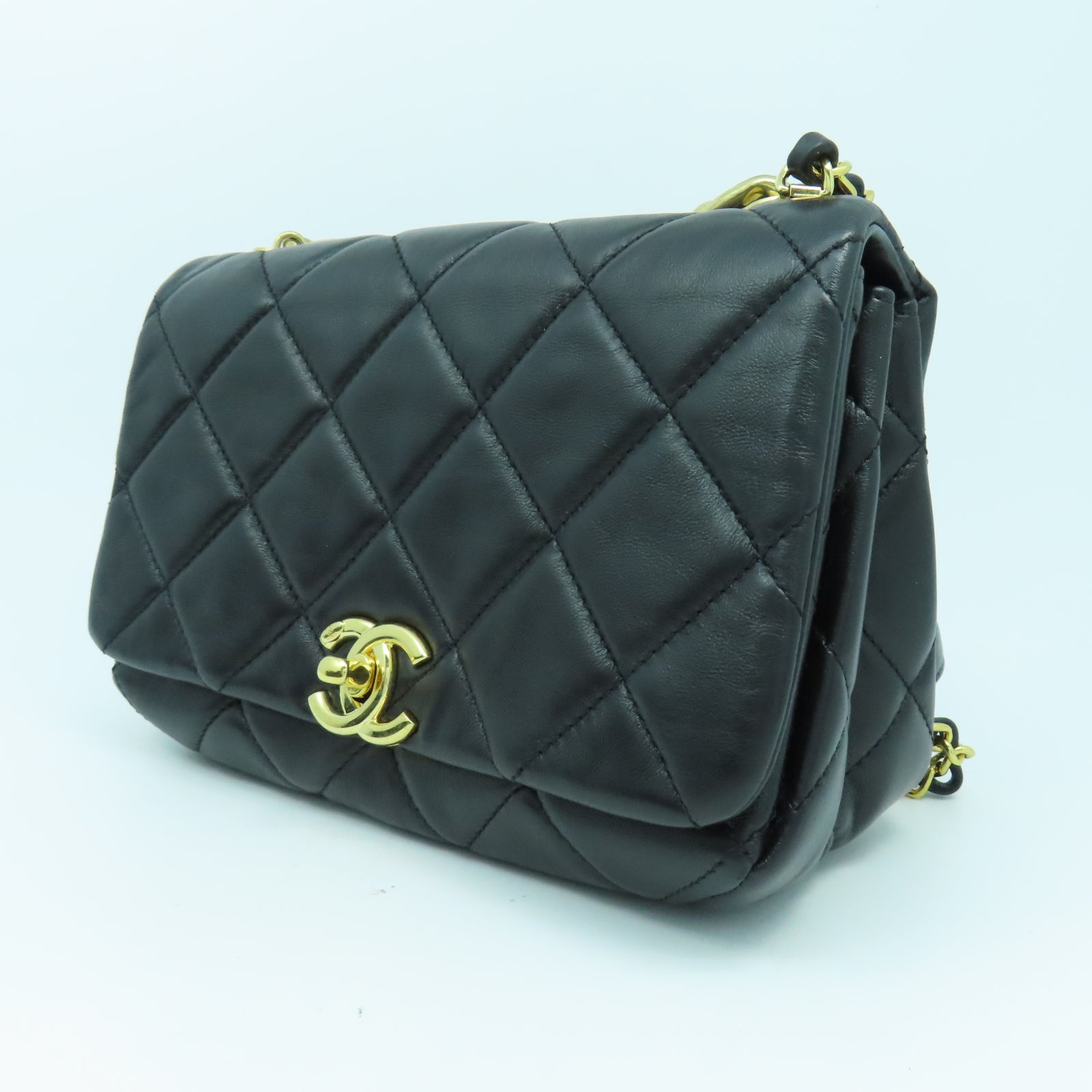 CHANEL 菱格羊皮皮革Chain Shoulder金扣鏈帶手挽肩背兩用袋黑色