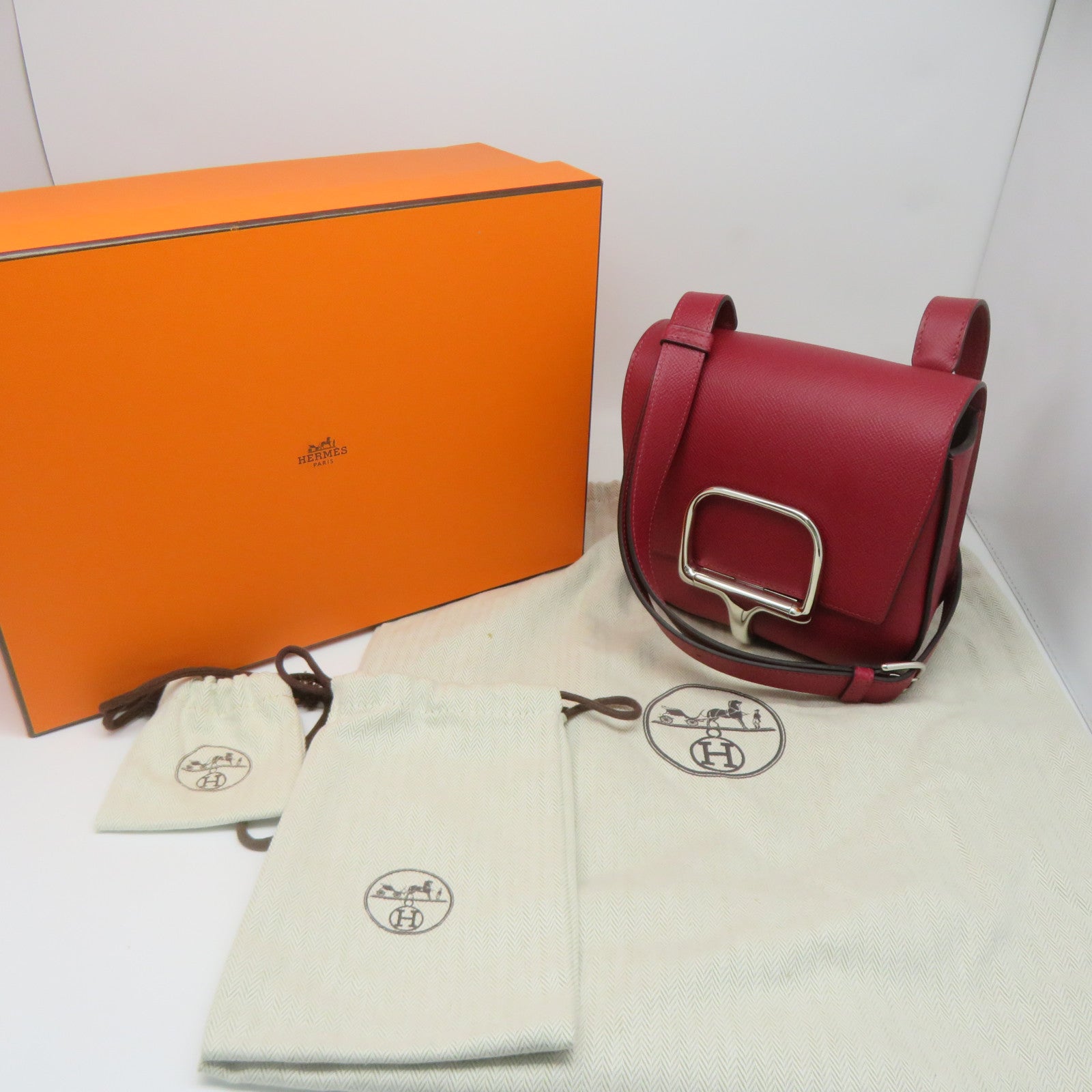 HERMES Veau Epsom皮革Della Cavalleria Mini Bag銀扣肩背袋褐紫紅