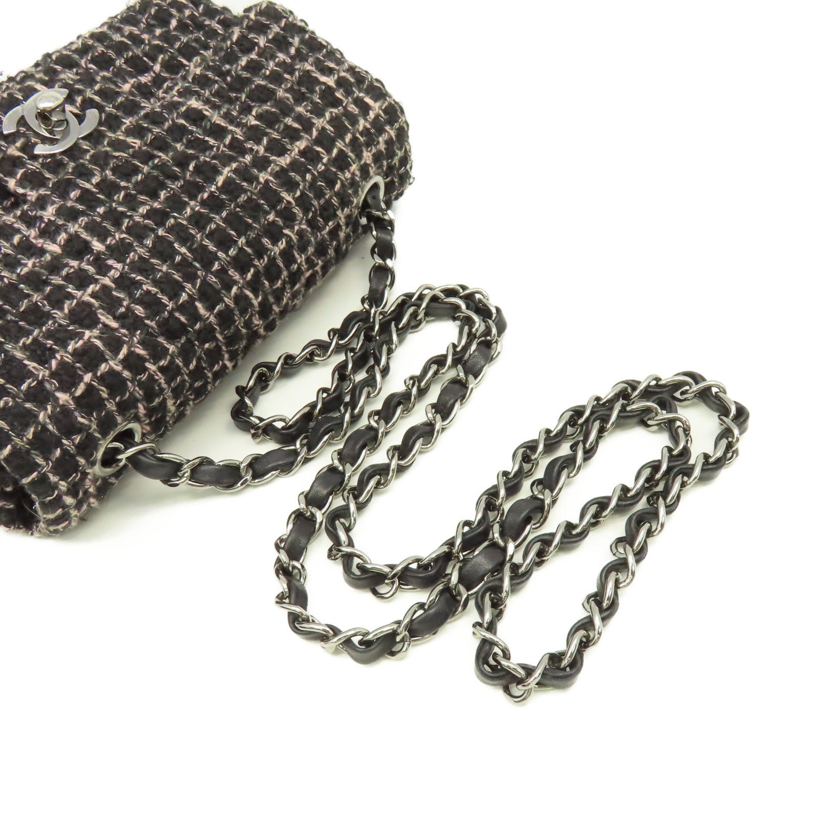 CHANEL 菱格斜紋軟呢Mini Flap Chain Shoulder Bag銀扣鏈帶肩背袋黑色/粉紅色