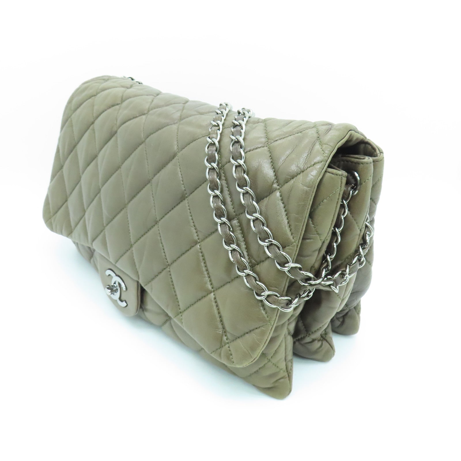 CHANEL Rhombus Sheepskin Leather Chain Shoulder Bag Silver Buckle Chain Belt Shoulder Bag Khaki