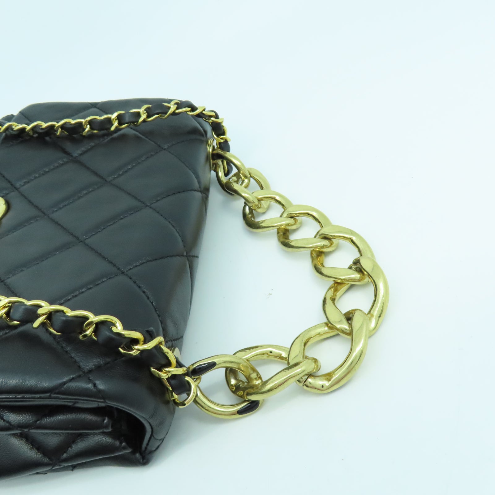 CHANEL 菱格羊皮皮革Chain Shoulder金扣鏈帶手挽肩背兩用袋黑色