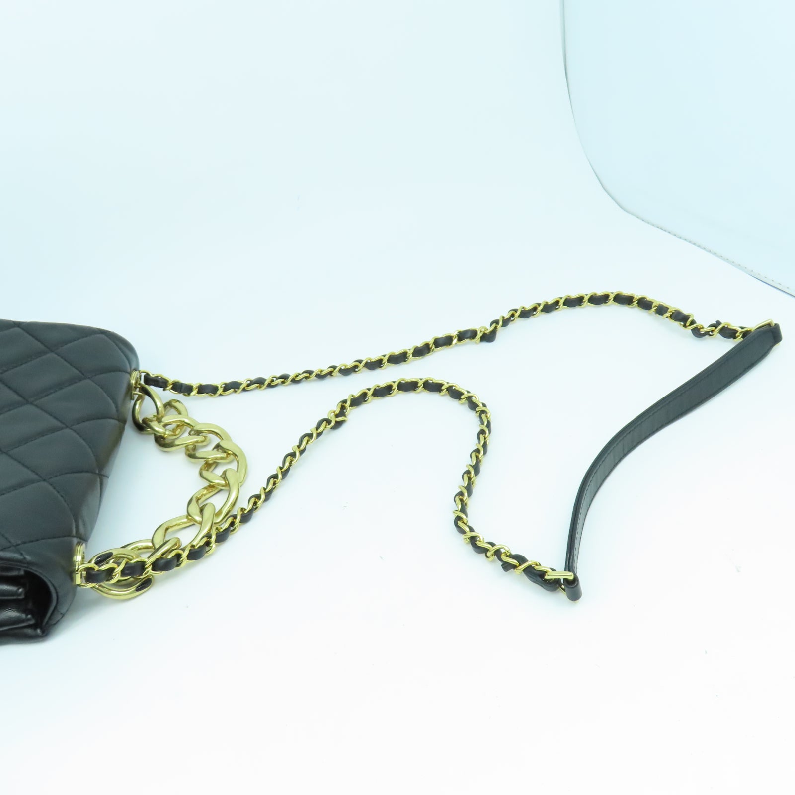 CHANEL 菱格羊皮皮革Chain Shoulder金扣鏈帶手挽肩背兩用袋黑色