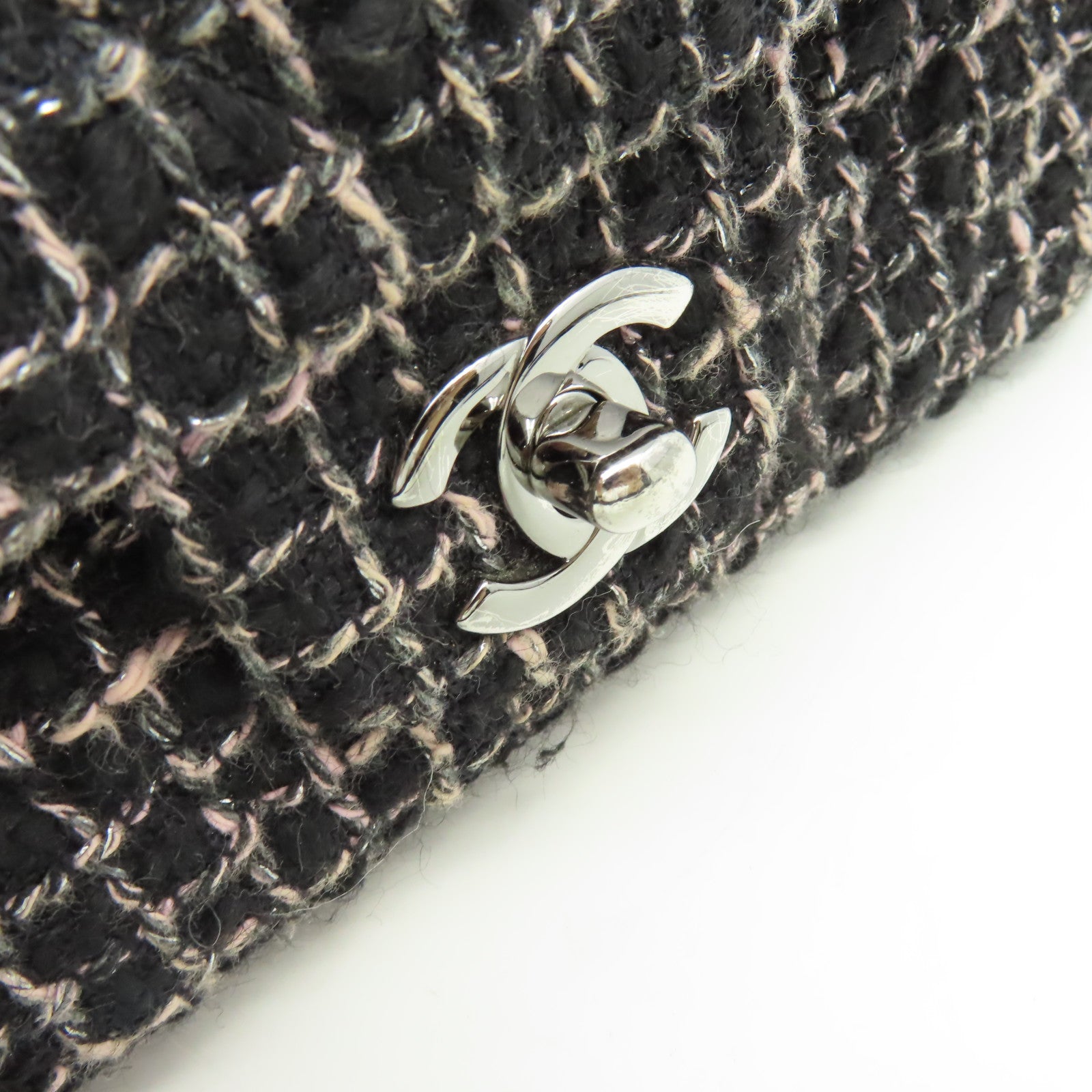 CHANEL 菱格斜紋軟呢Mini Flap Chain Shoulder Bag銀扣鏈帶肩背袋黑色/粉紅色