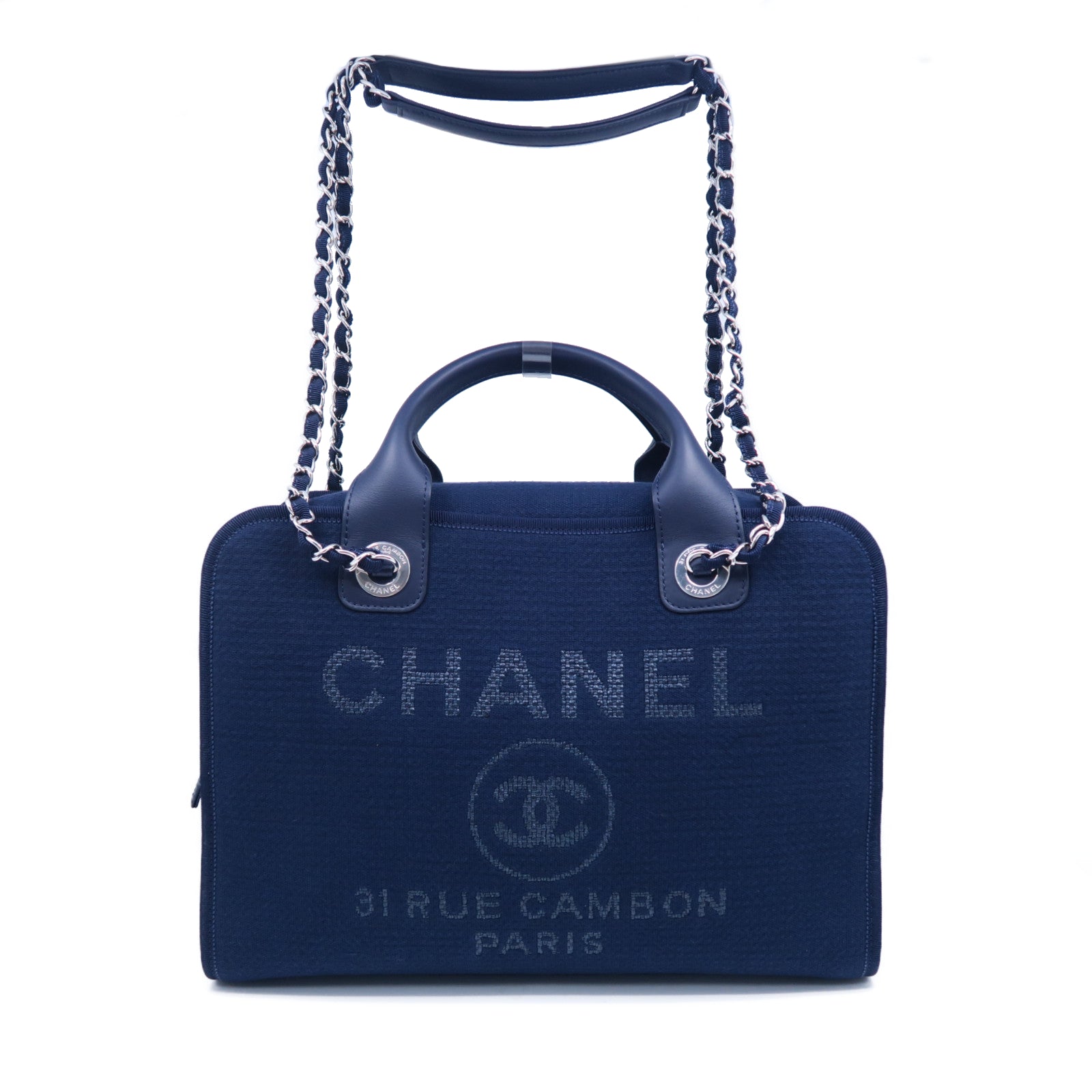 CHANEL 帆布Deauville Bowling Bag銀扣手挽肩背兩用袋深藍色