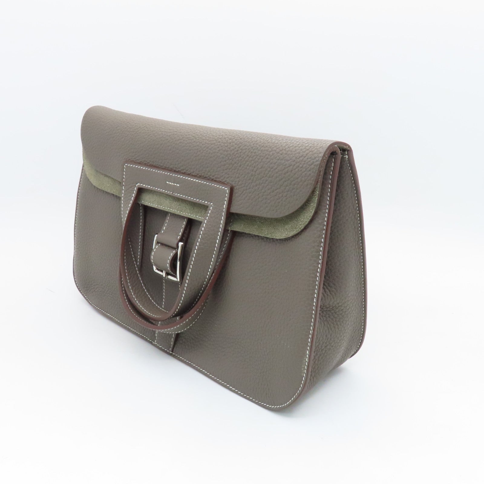 HERMES Clemence Leather Halzan 31 Silver Buckle Handle Shoulder Bag Brown