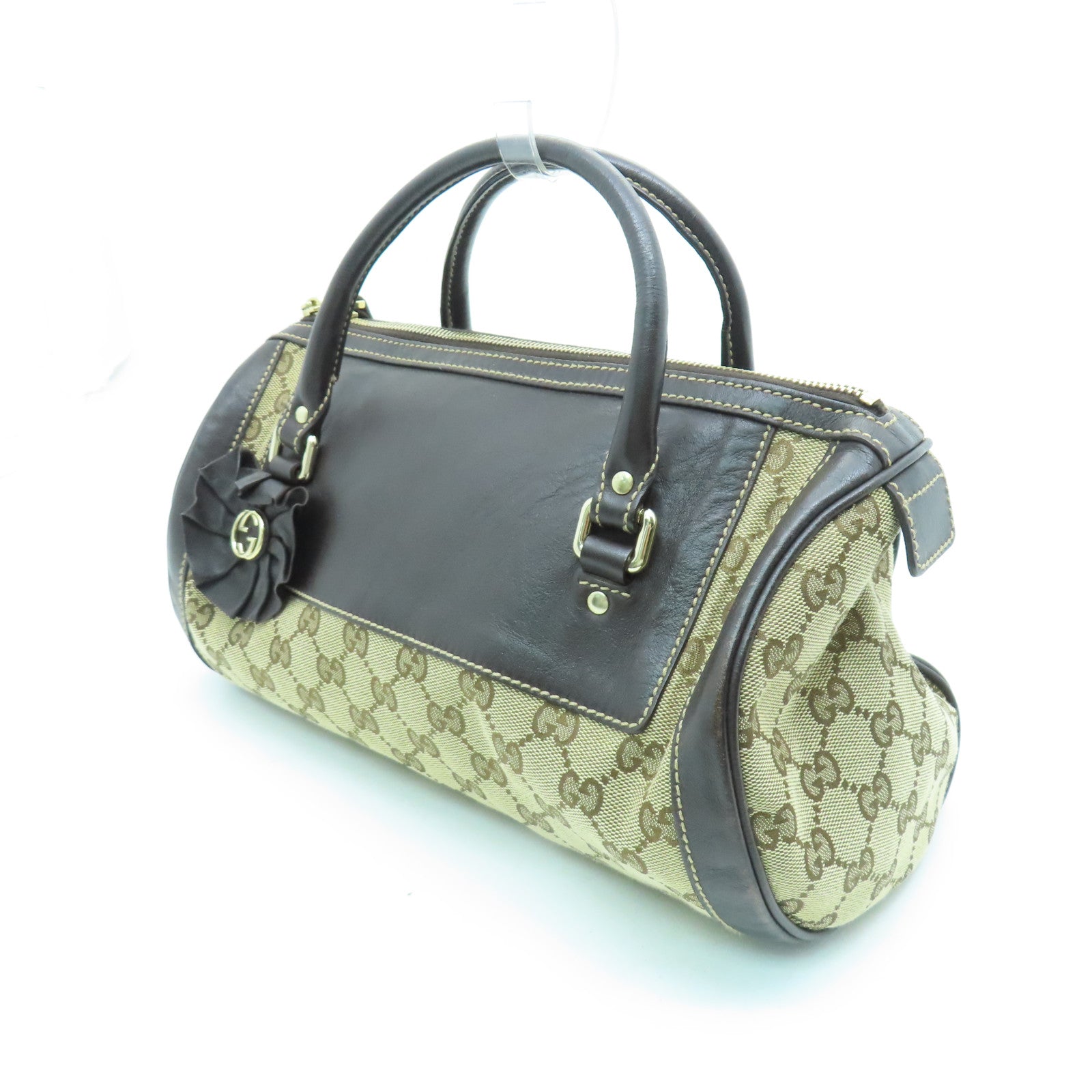 GUCCI canvas Hand Bag gold buckle handle bag brown