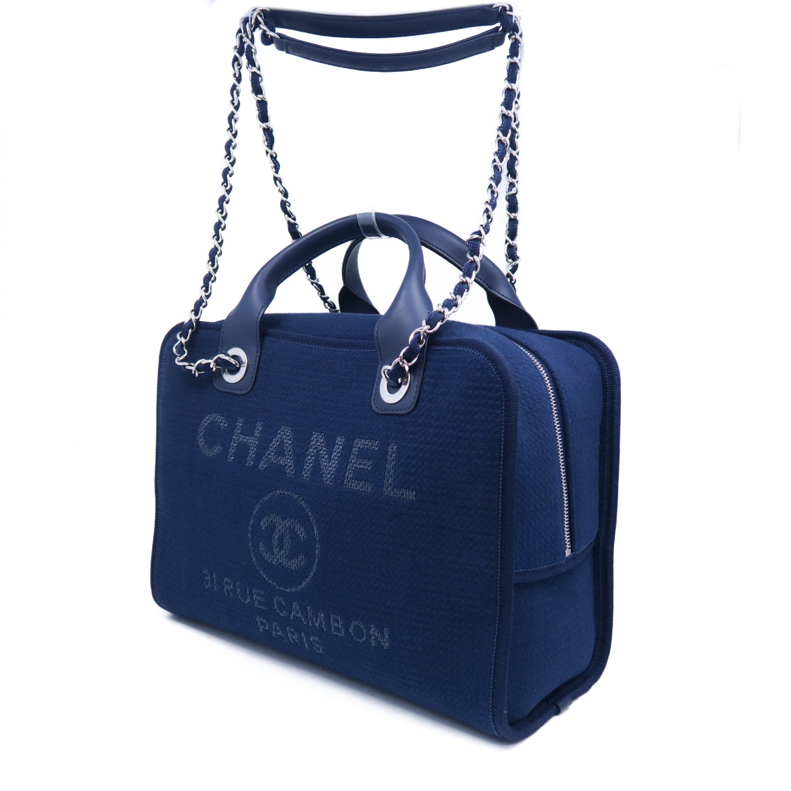 CHANEL 帆布Deauville Bowling Bag銀扣手挽肩背兩用袋深藍色
